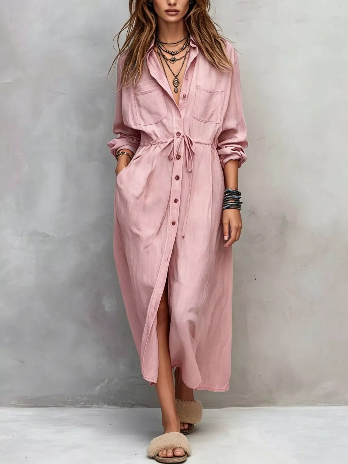 Long-sleeve shirt dress – dusty pink