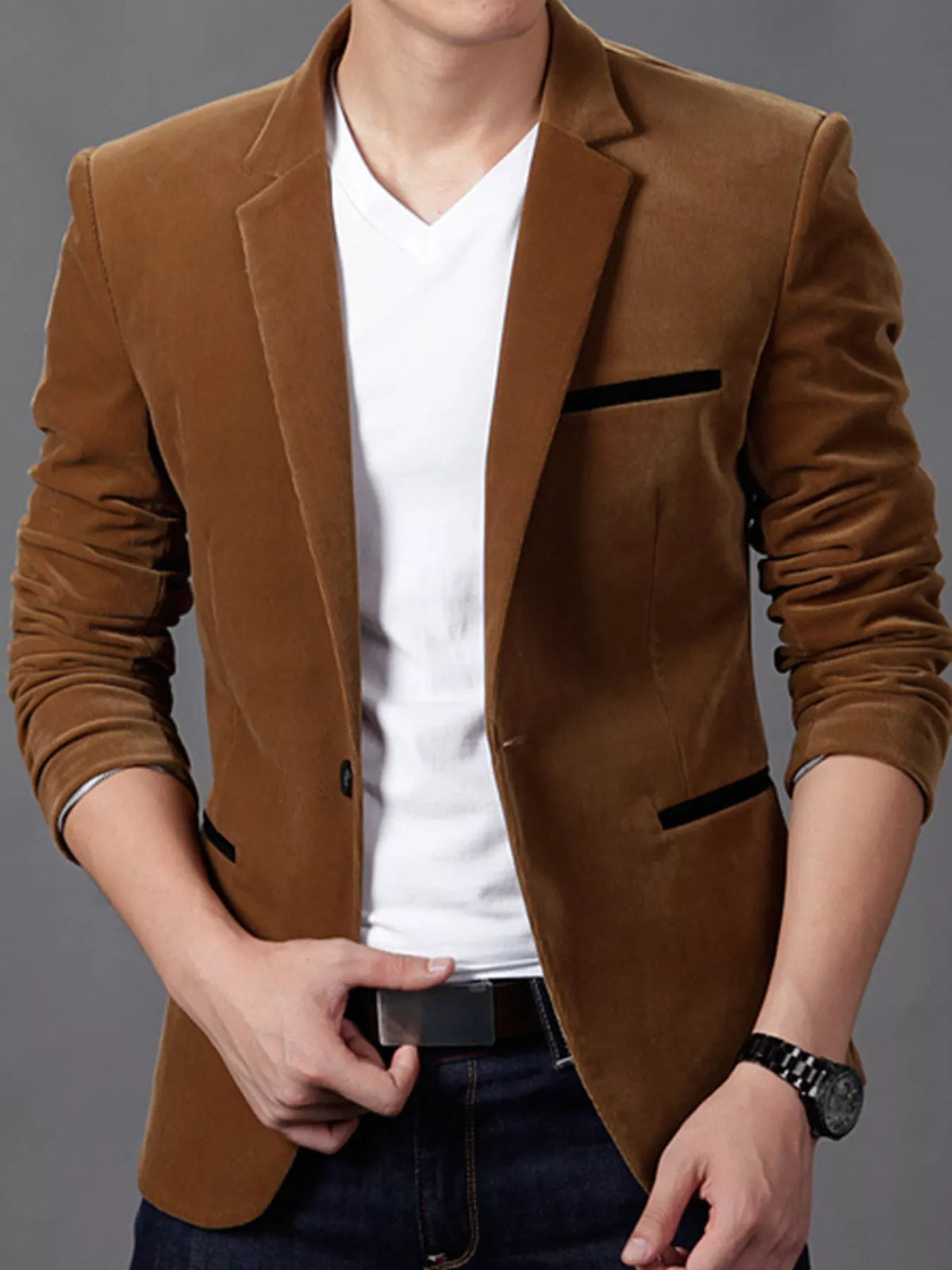 Slim fit velvet blazer, Coffee