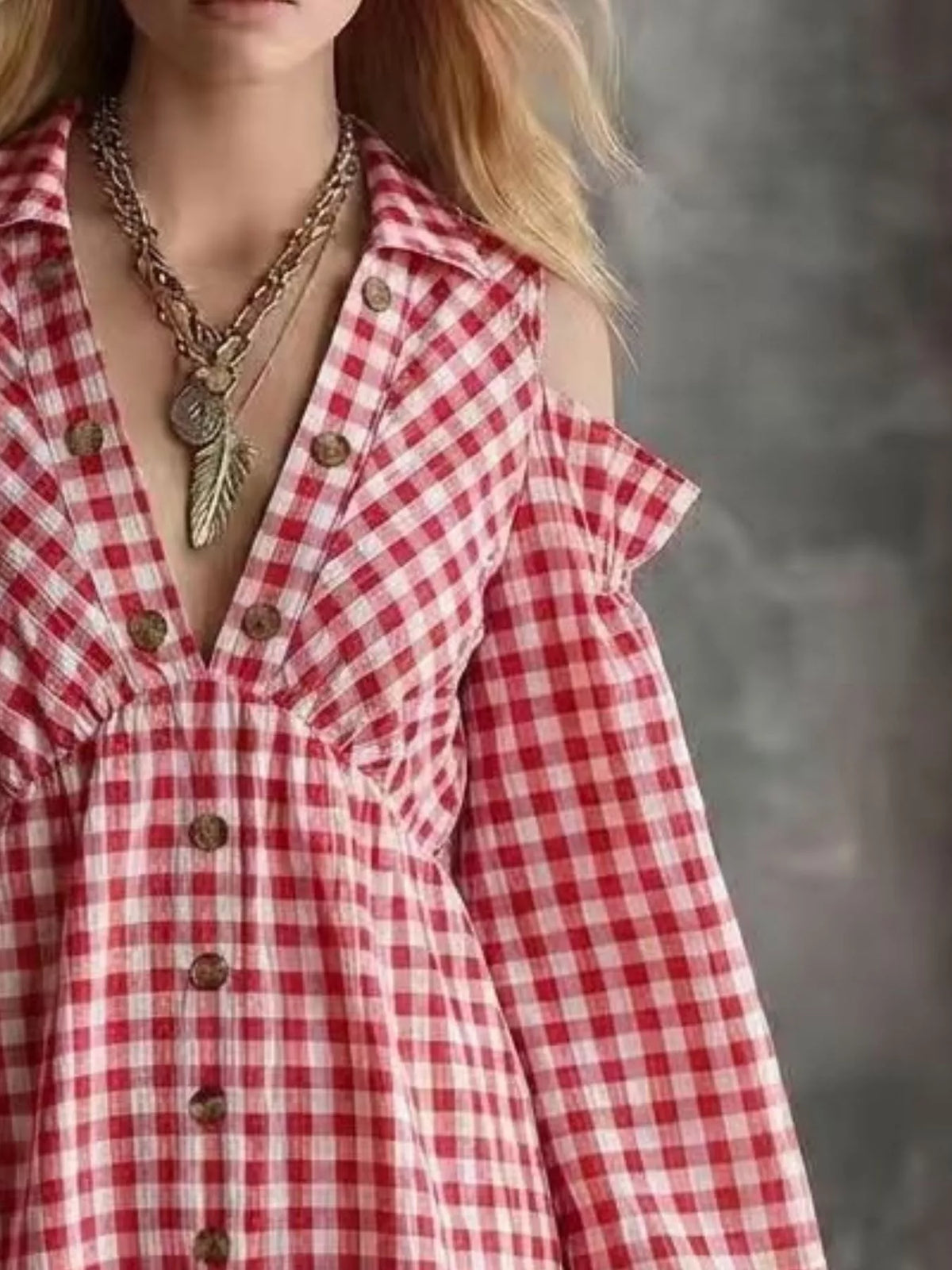 Gingham cold-shoulder dress