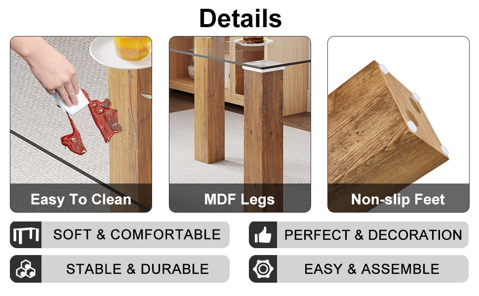 Modern minimalist rectangular dining table Glass desktop and wooden MDF table legs