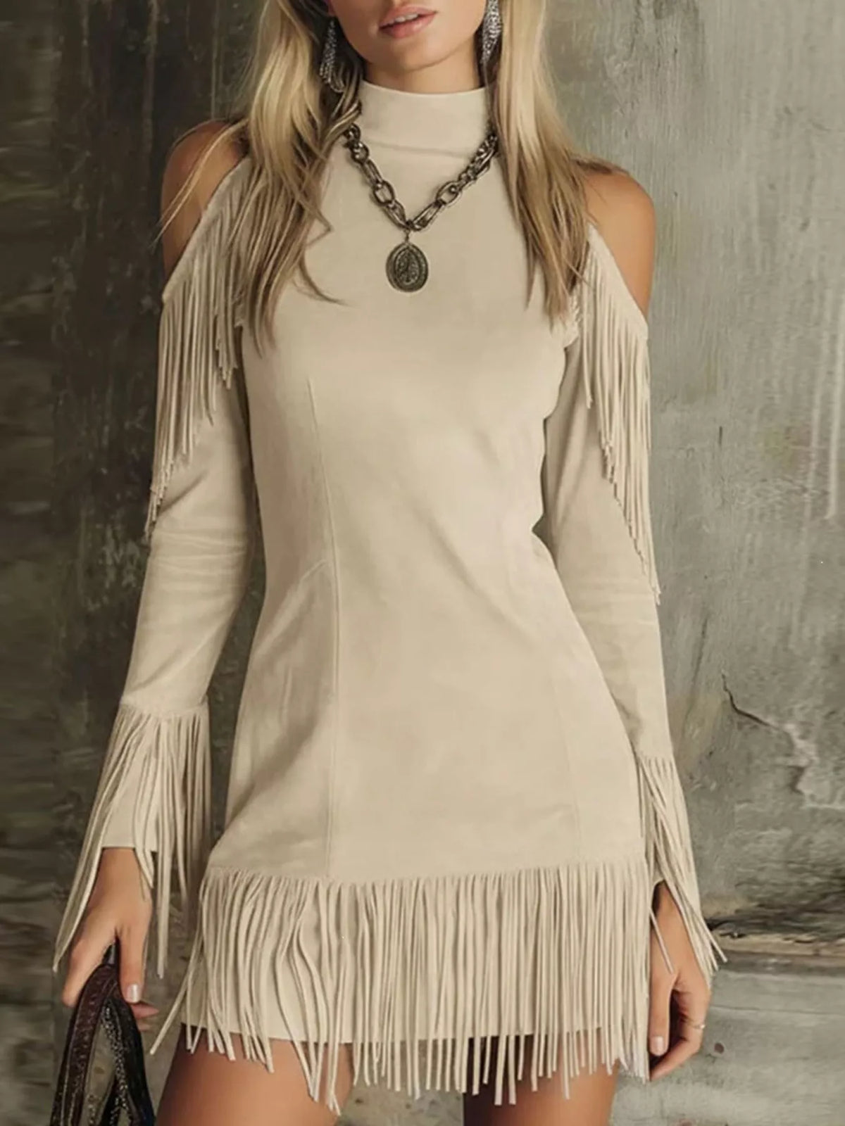 Fringed cold-shoulder dress – apricot