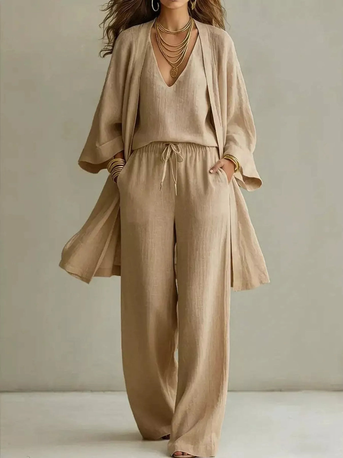 V-neck top &amp; cardigan &amp; pants three-piece set, Khaki