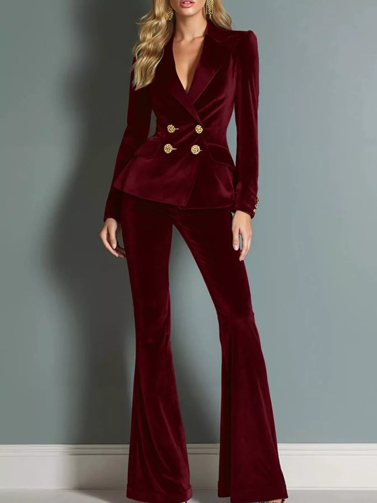 Velvet double-breasted blazer and flared pants set, Wine Red