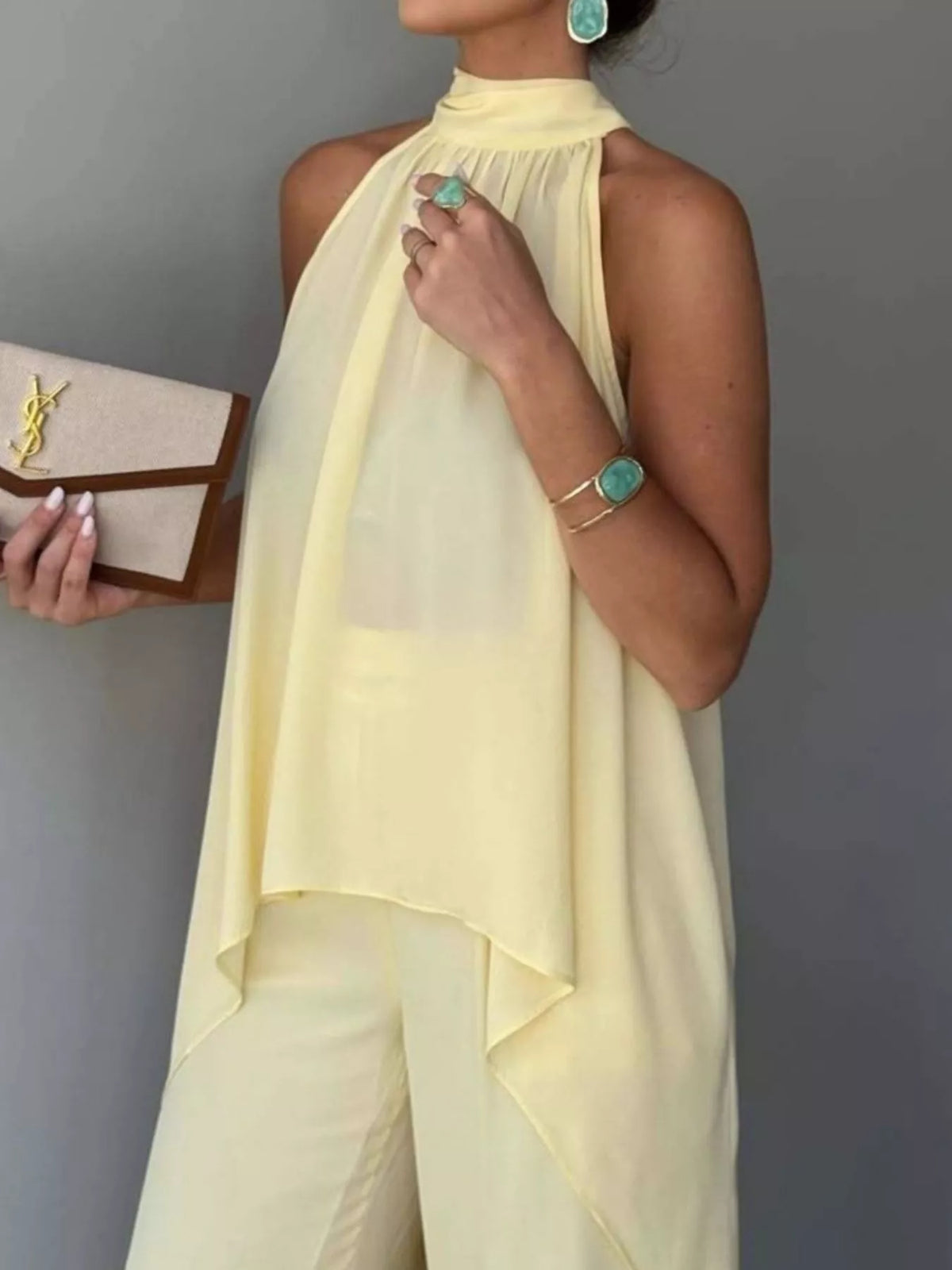 High-low sleeveless top and wide-leg pants two-piece set