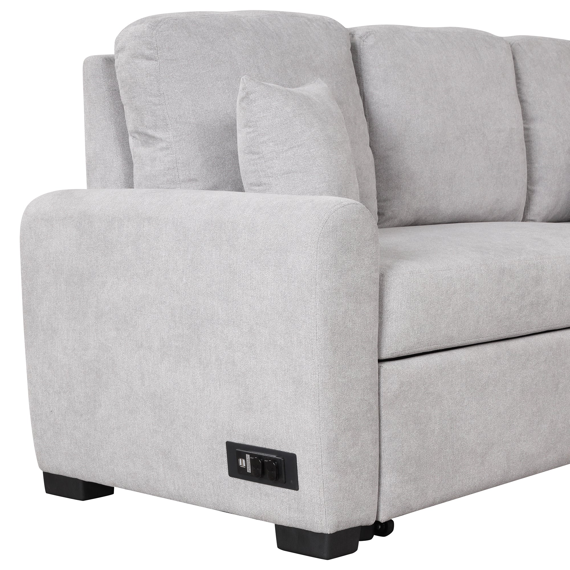 87.4"Sectional Sleeper Sofa with USB Charging Port and Plug Outlet Pull-Out Sofa Bed with 3 Pillows Grey