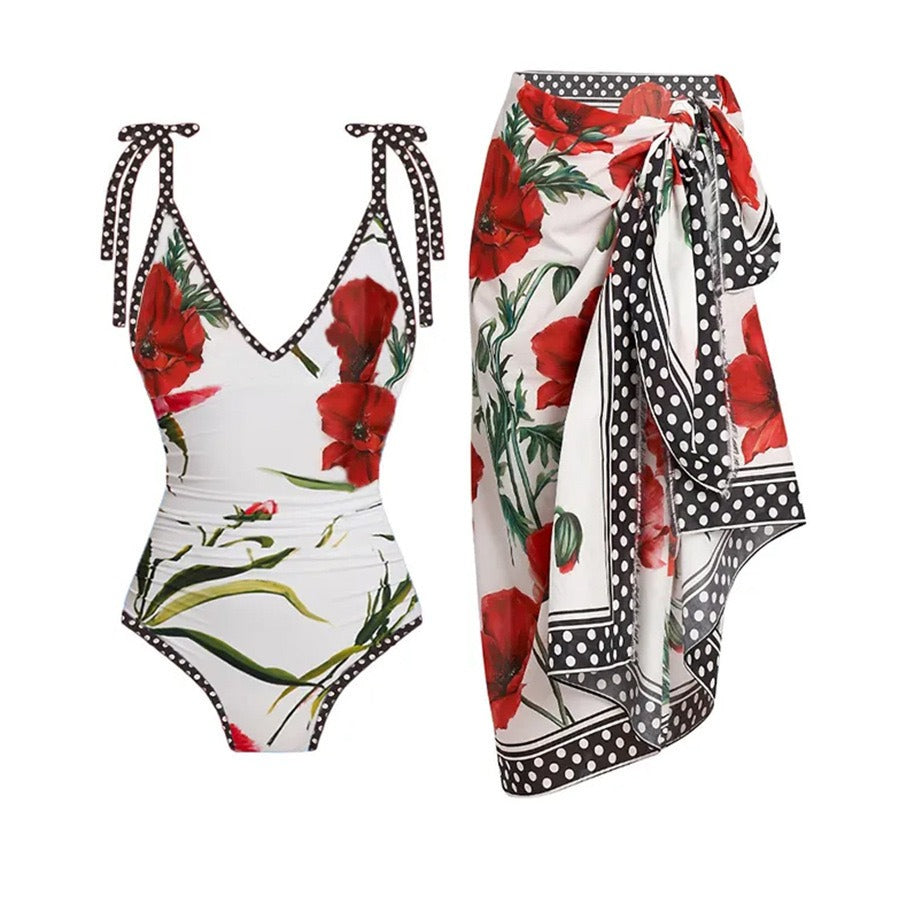 New printed one piece women's swimsuit set, European and American French retro belly covering and slimming swimsuit, chiffon san