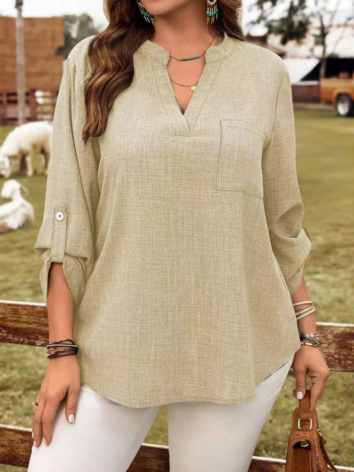 Roll-tab sleeve blouse – off-white