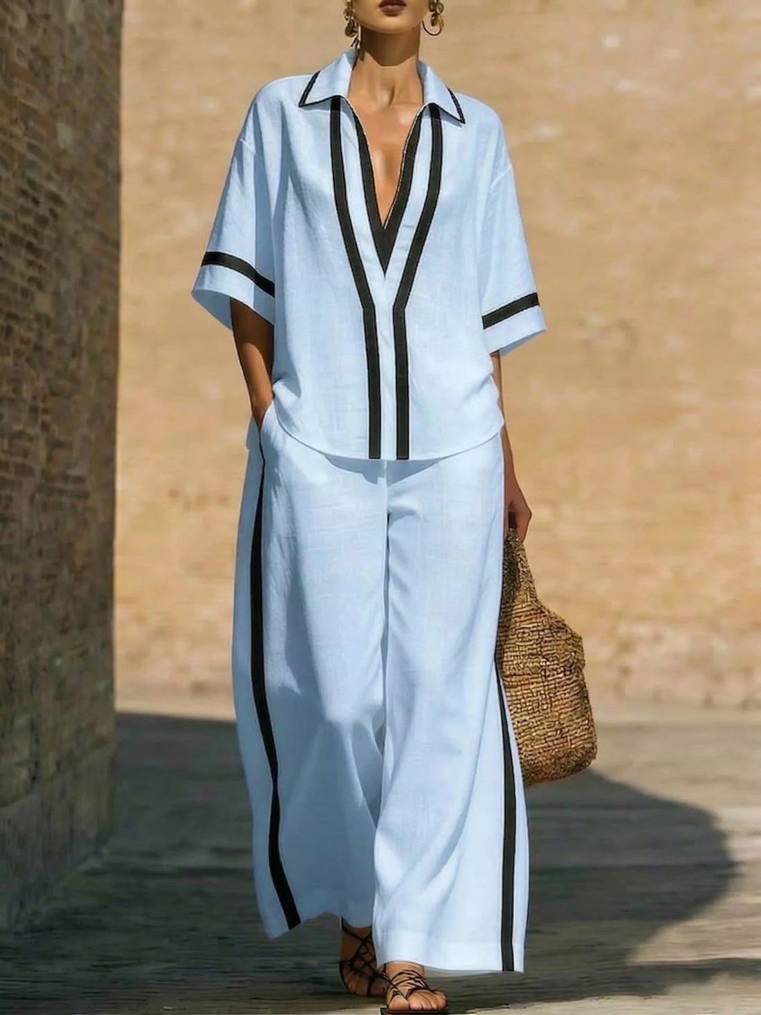 Contrast-trim top and pants set – light blue