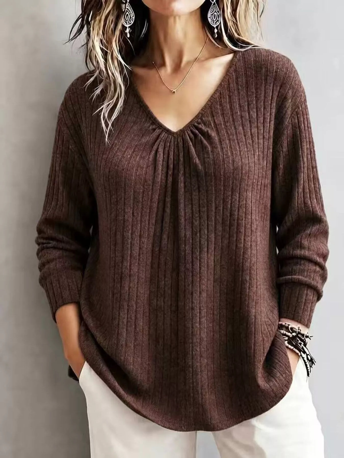Ribbed V-neck long-sleeve tee