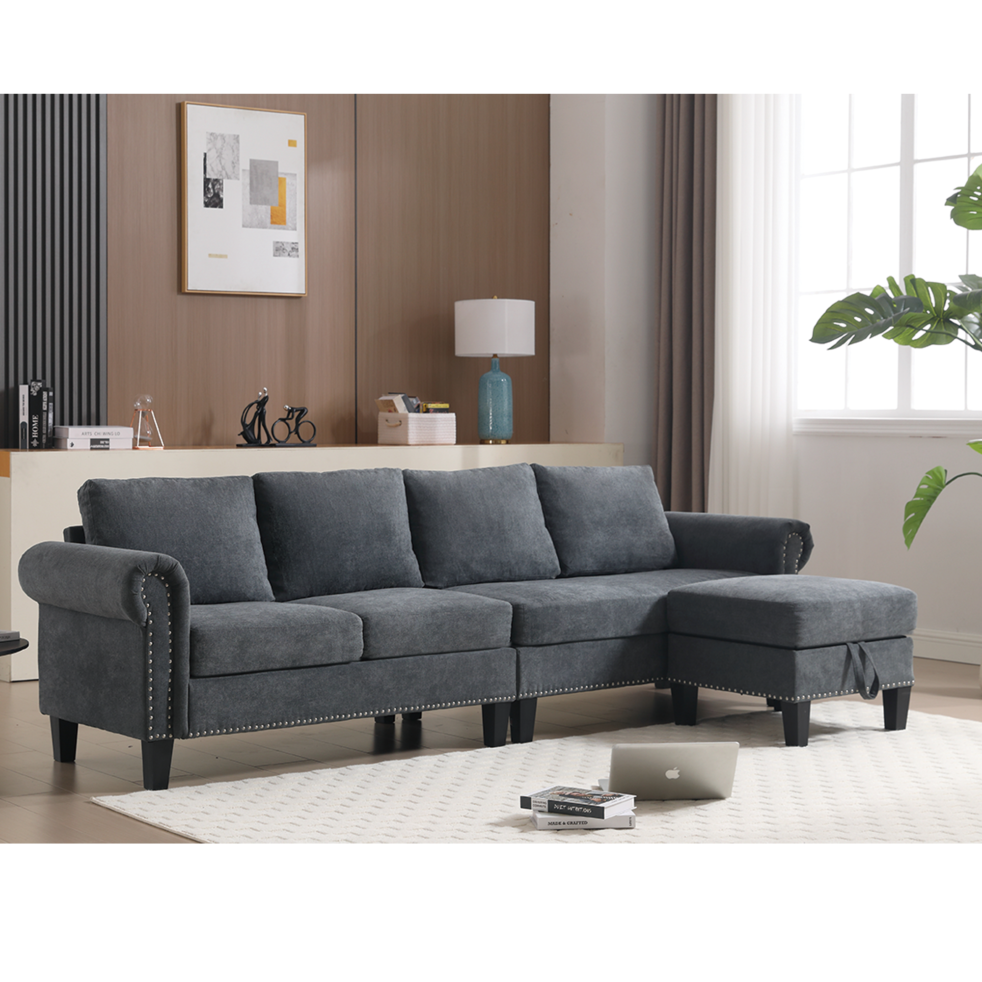 Convertible Sectional Sofa with Storage,L-shaped sofa Modern Linen Fabric Sectional Couches for Living Room,Gray