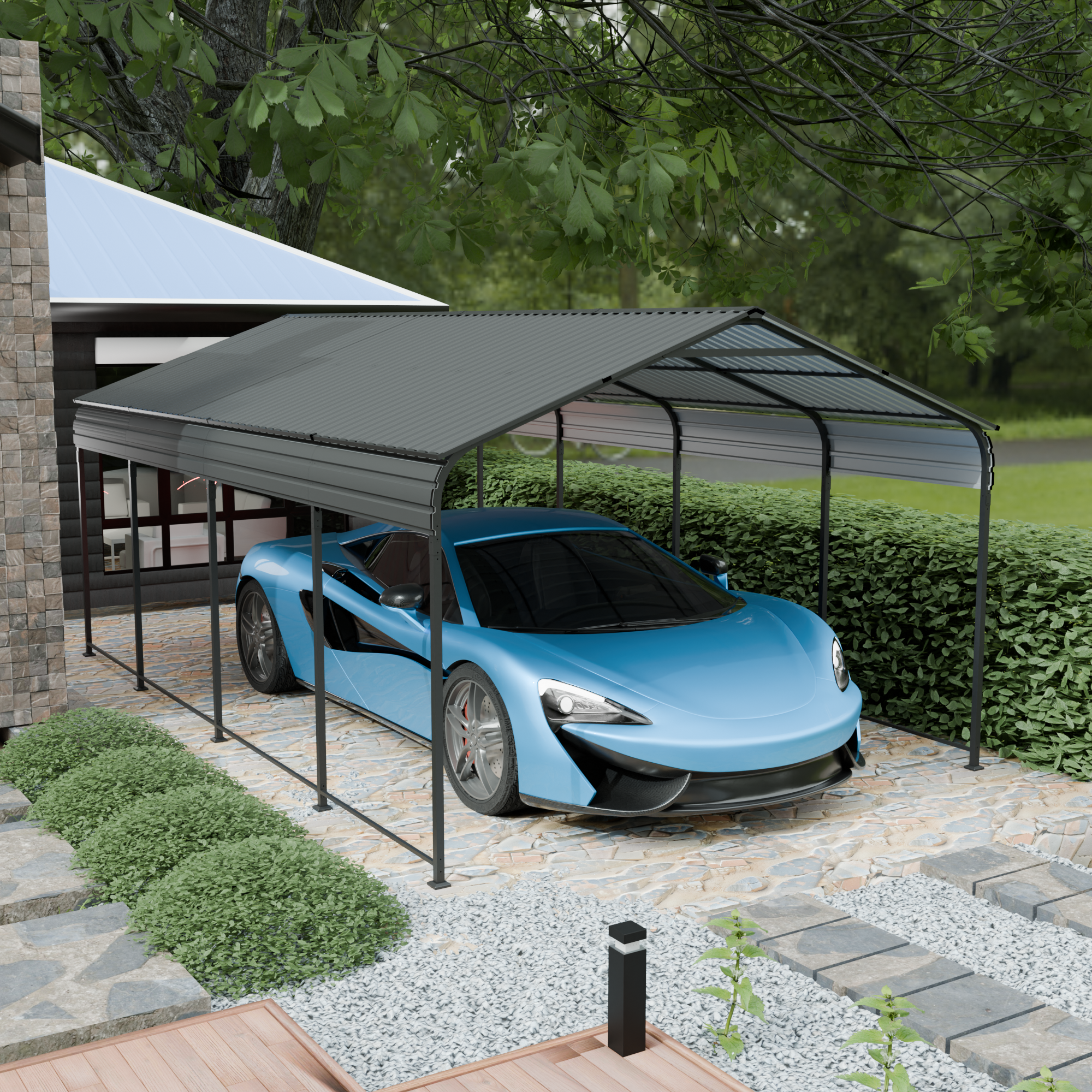 Carport 12x20 FT Heavy Duty Carport CanopyUpdated Frame Structure Galvanized Steel Roof and Enhanced BaseMetal dark Grey