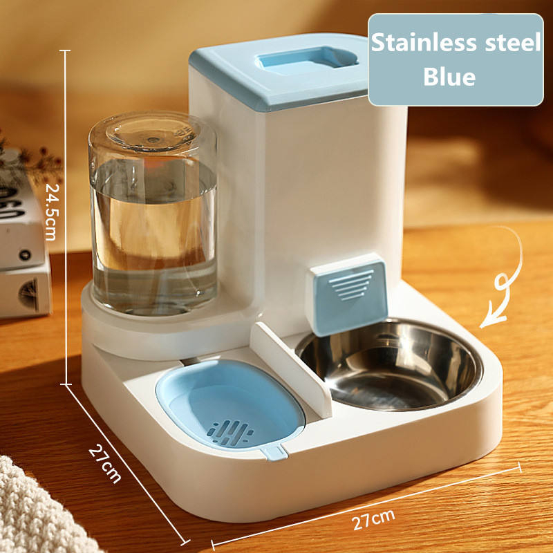 Automatic pet feeder, steel bowls – stainless steel blue