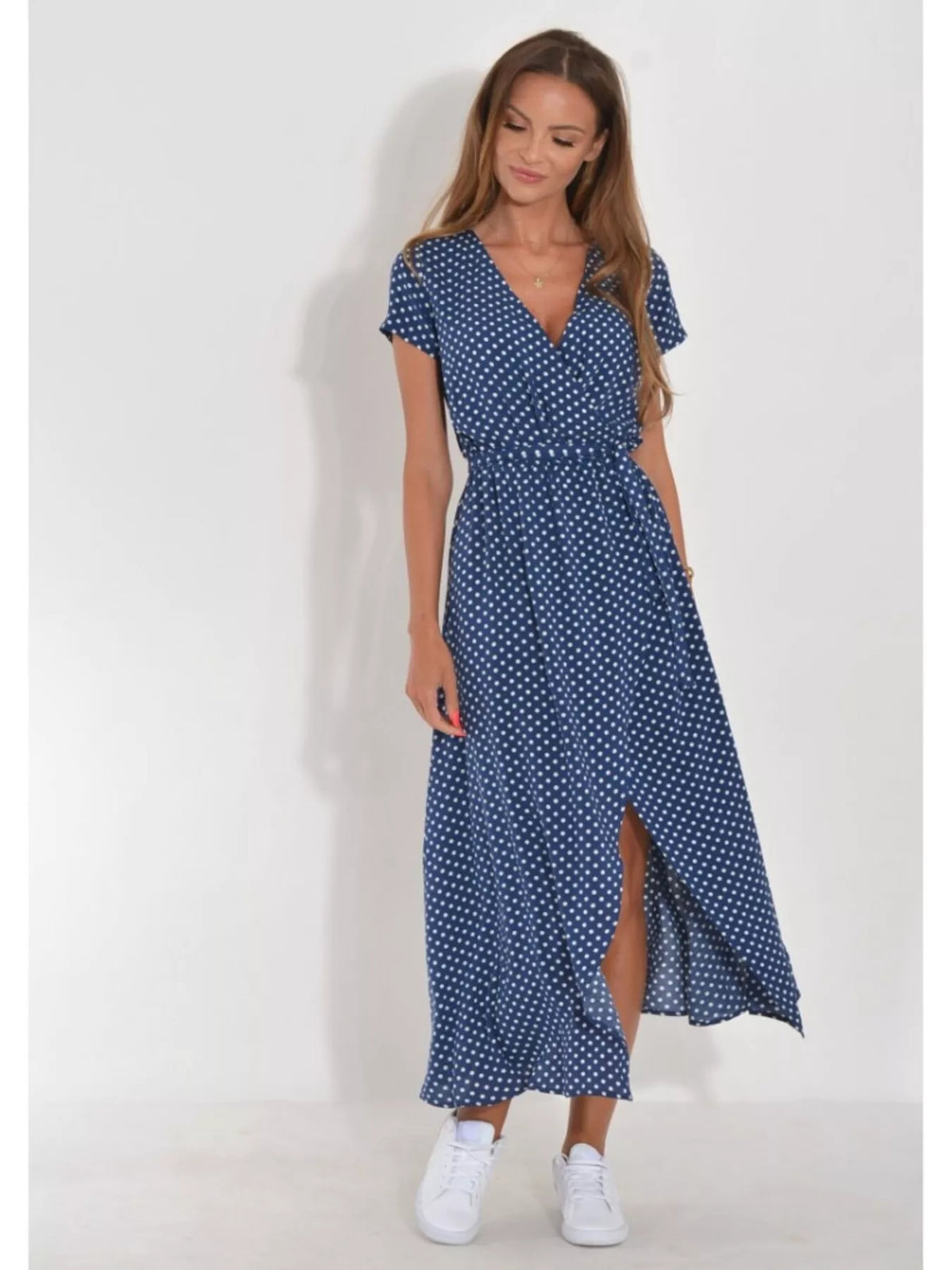 Surplice midi dress – blue dot