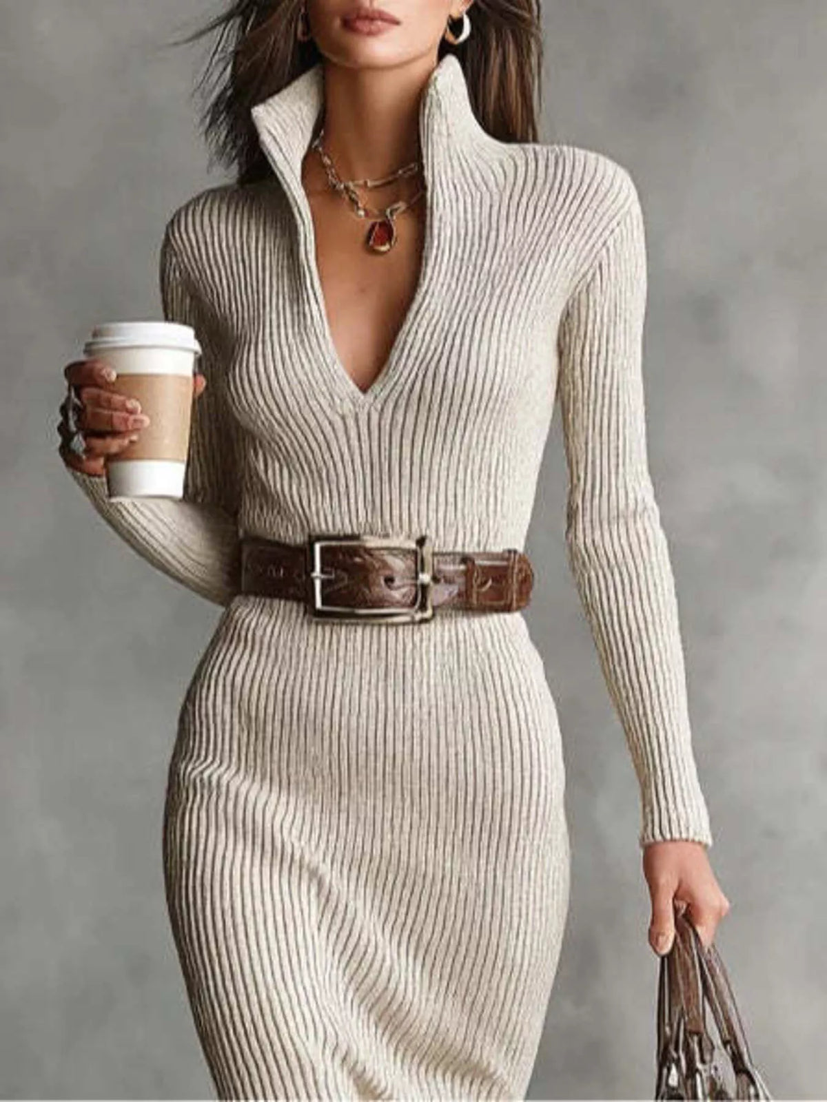 Ribbed V-neck sweater dress