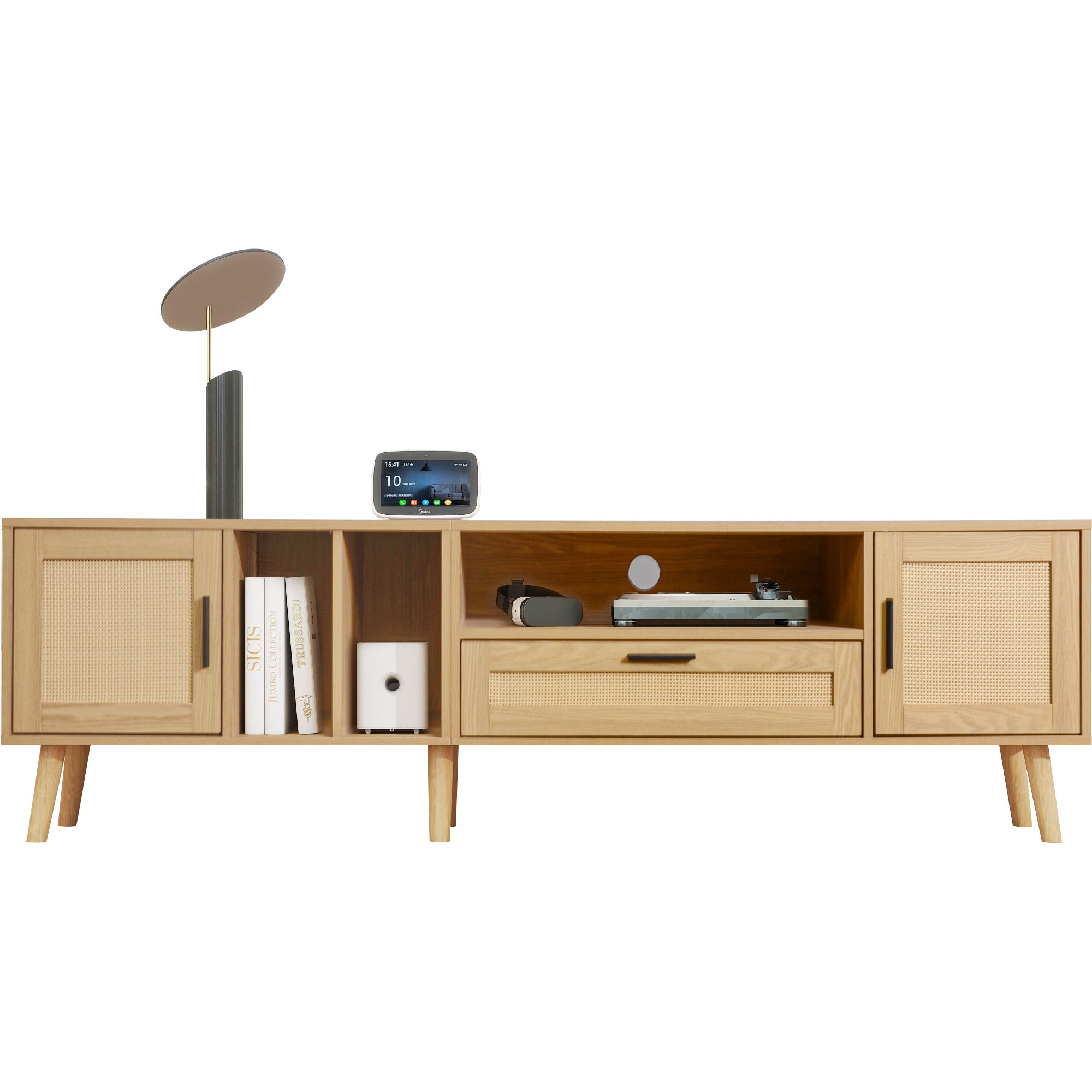 Vine TV stand with 2 cabinets and 2 open shelves, suitable for TVs under 80 inches, with solid wood legs for TV cabinets