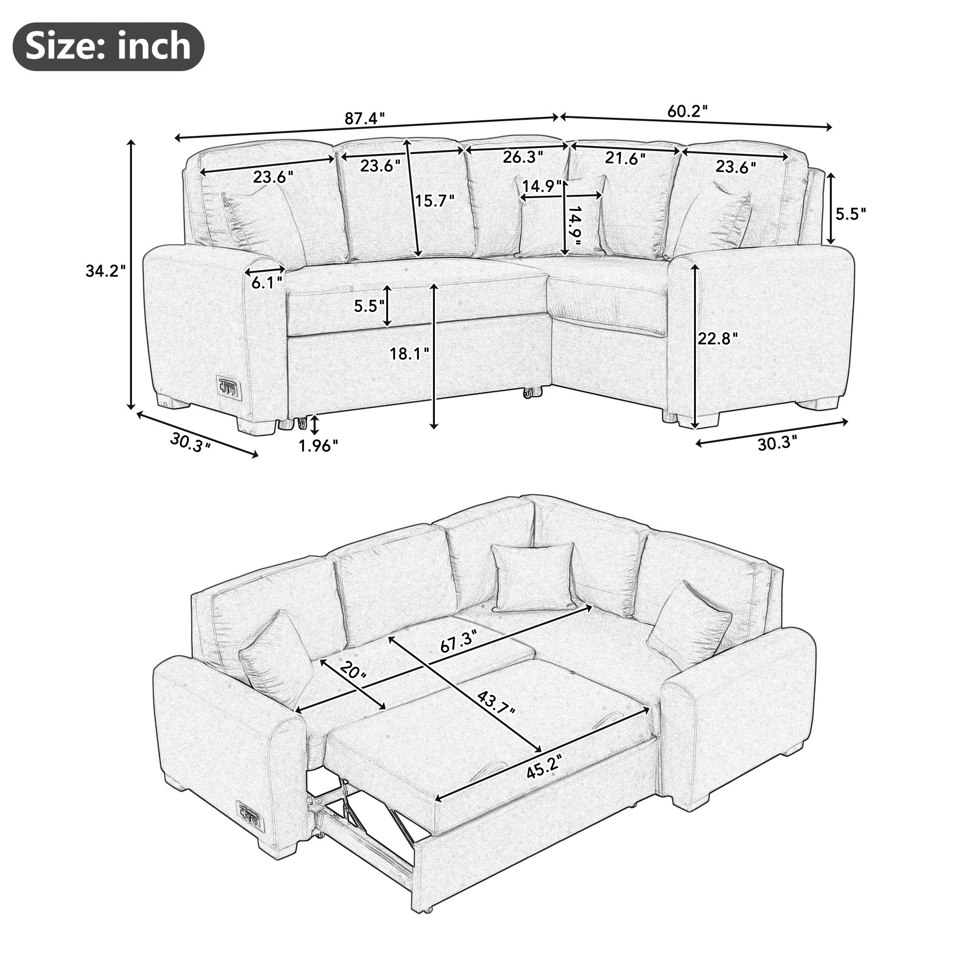 87.4"Sectional Sleeper Sofa with USB Charging Port and Plug Outlet Pull-Out Sofa Bed with 3 Pillows Grey