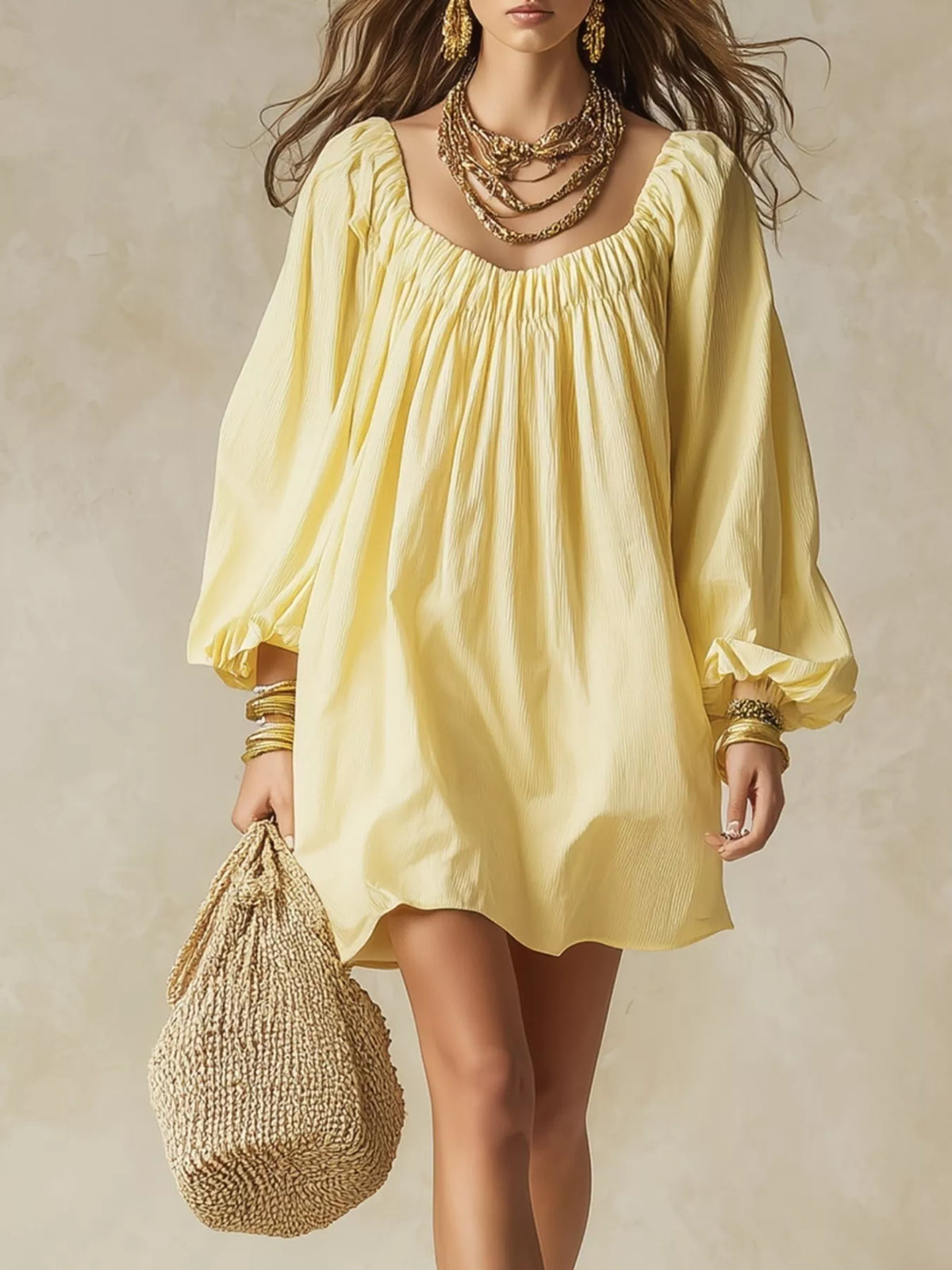 Balloon-sleeve mini dress – yellow
