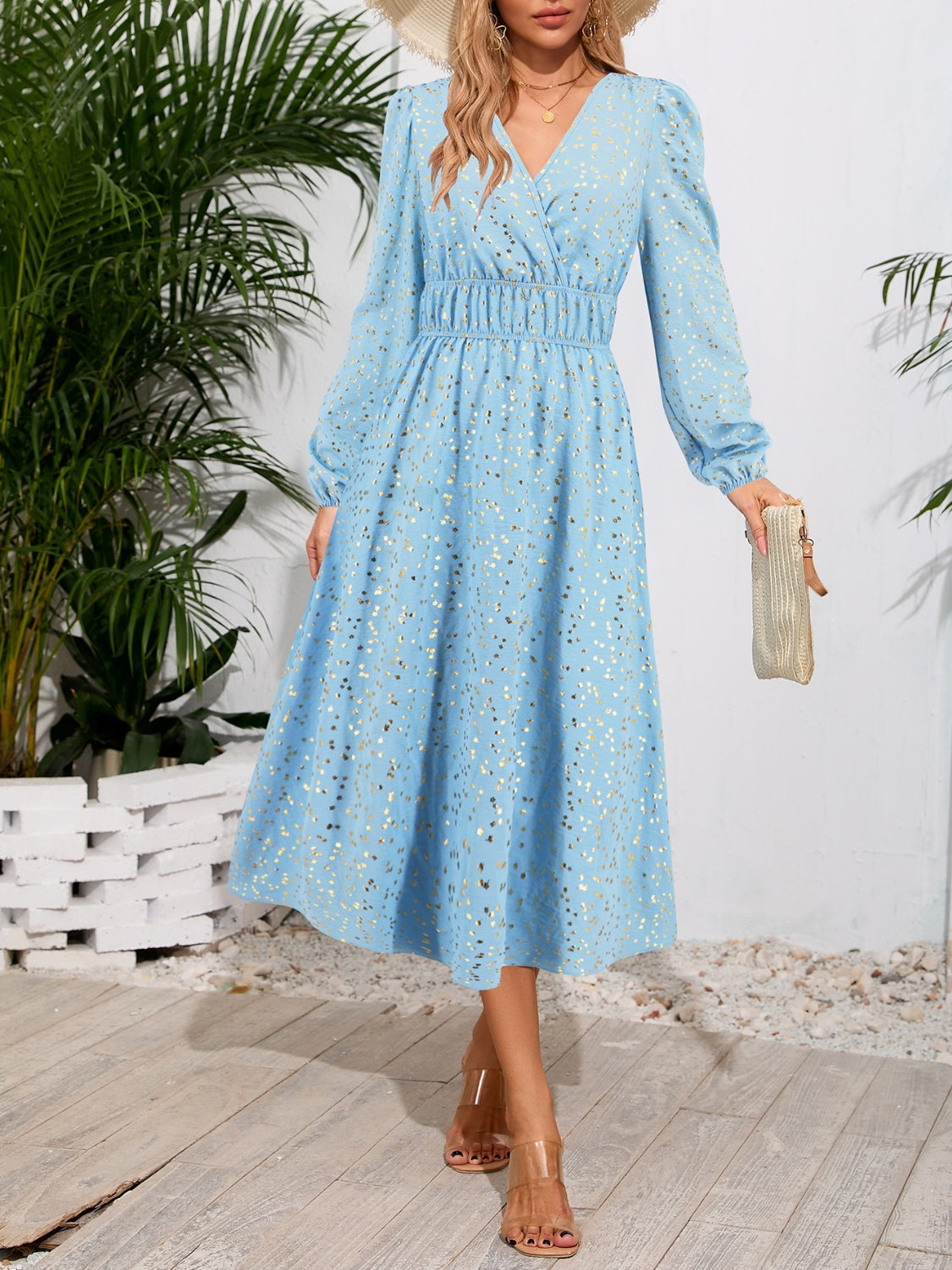 Printed Surplice Long Sleeve Midi Dress