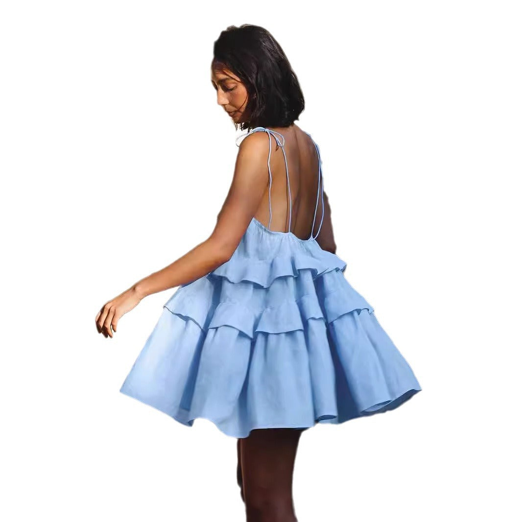 Summer multi-layer ruffled cake skirt short backless camisole dress