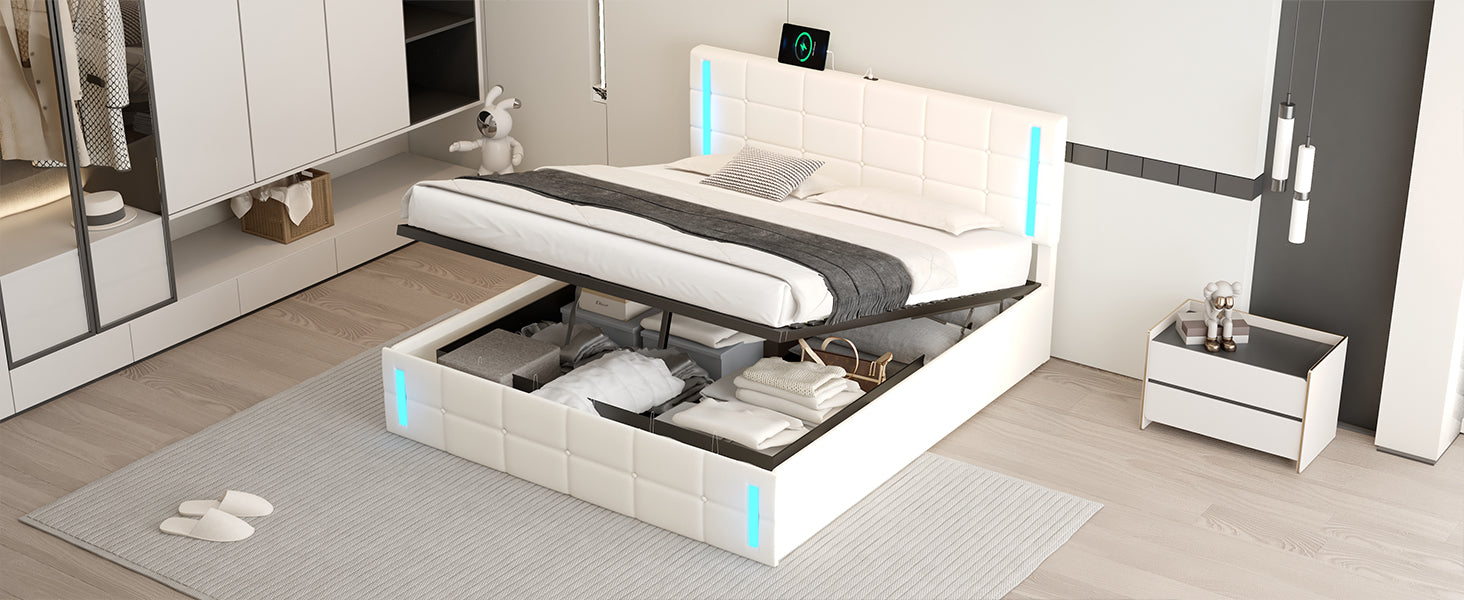 Queen Size Upholstered Bed with LED Lights Hydraulic Storage System and USB Charging Station White