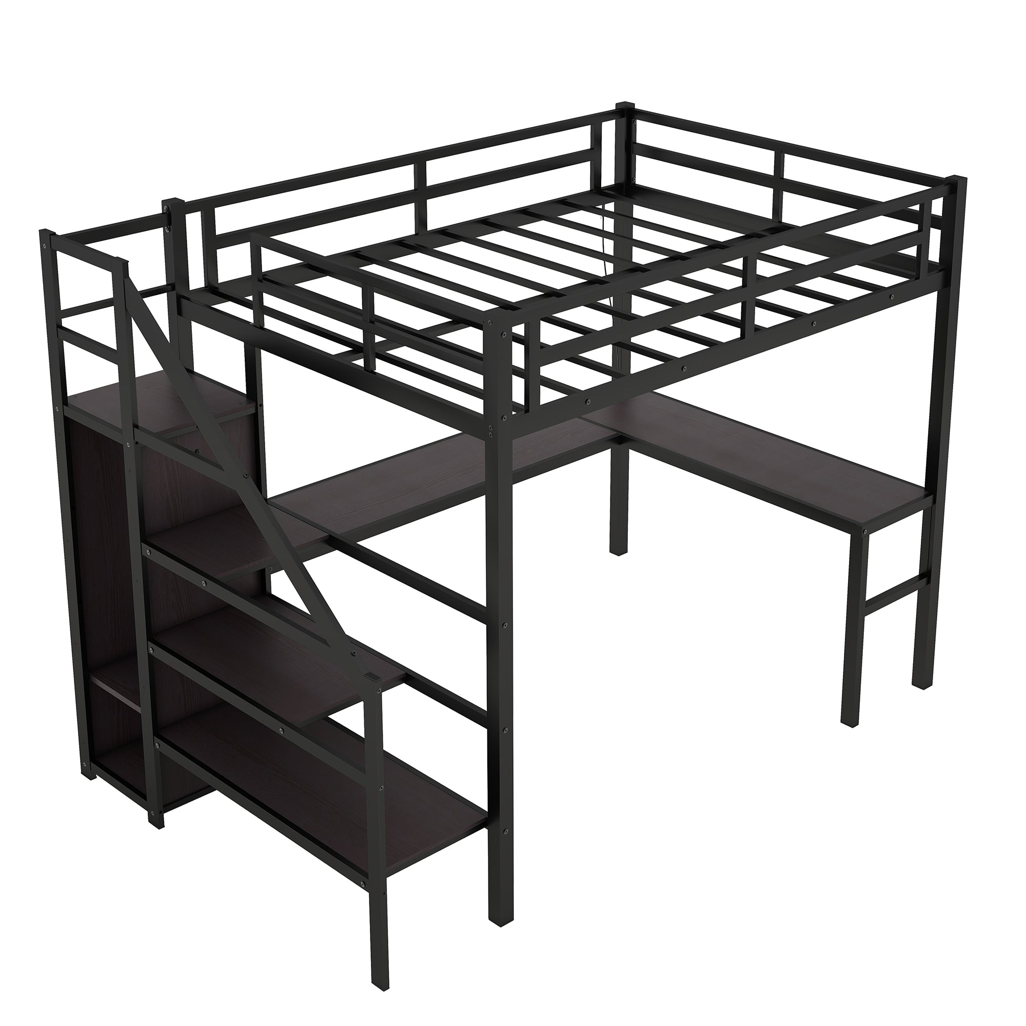 Full sized loft bed with L-shaped desk and USB, metal loft bed with wardrobe and adjustable shelf, black color