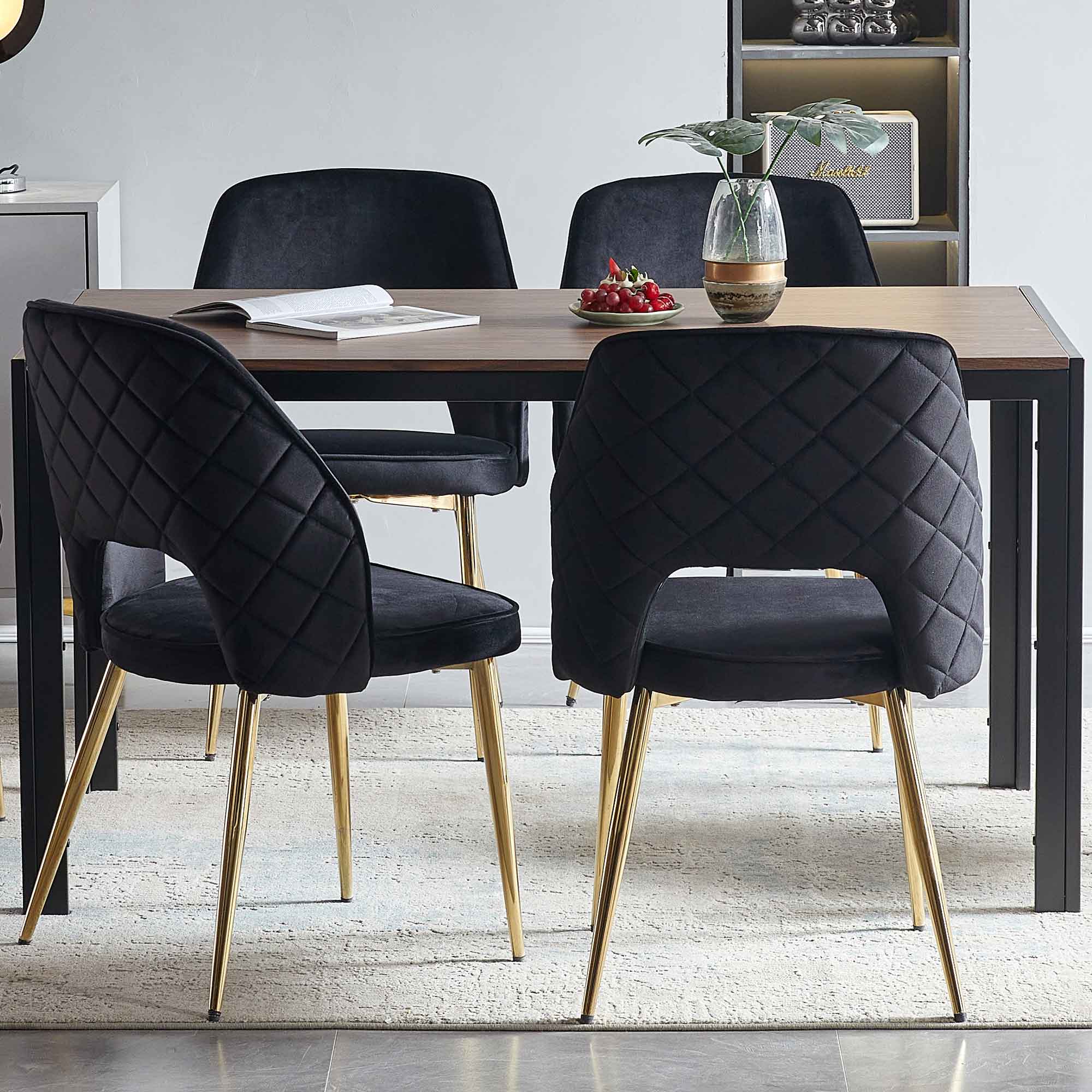 Black Velvet Dining Chairs with Metal Legs and Hollow Back Upholstered Dining Chairs Set of 4