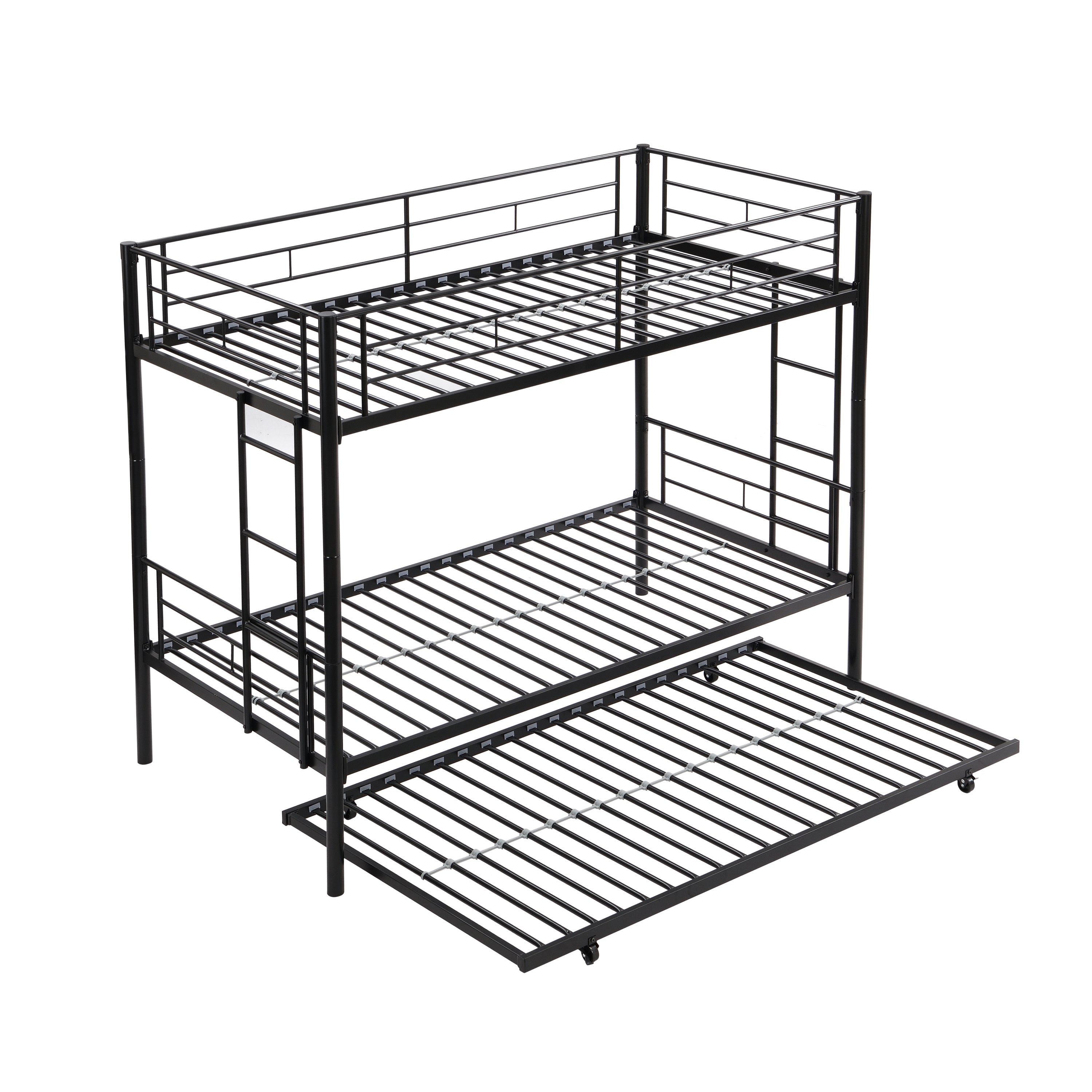 Twin bunk bed frame with trailer, metal bunk bed with sturdy guardrail and side ladder, can be divided into two beds, black