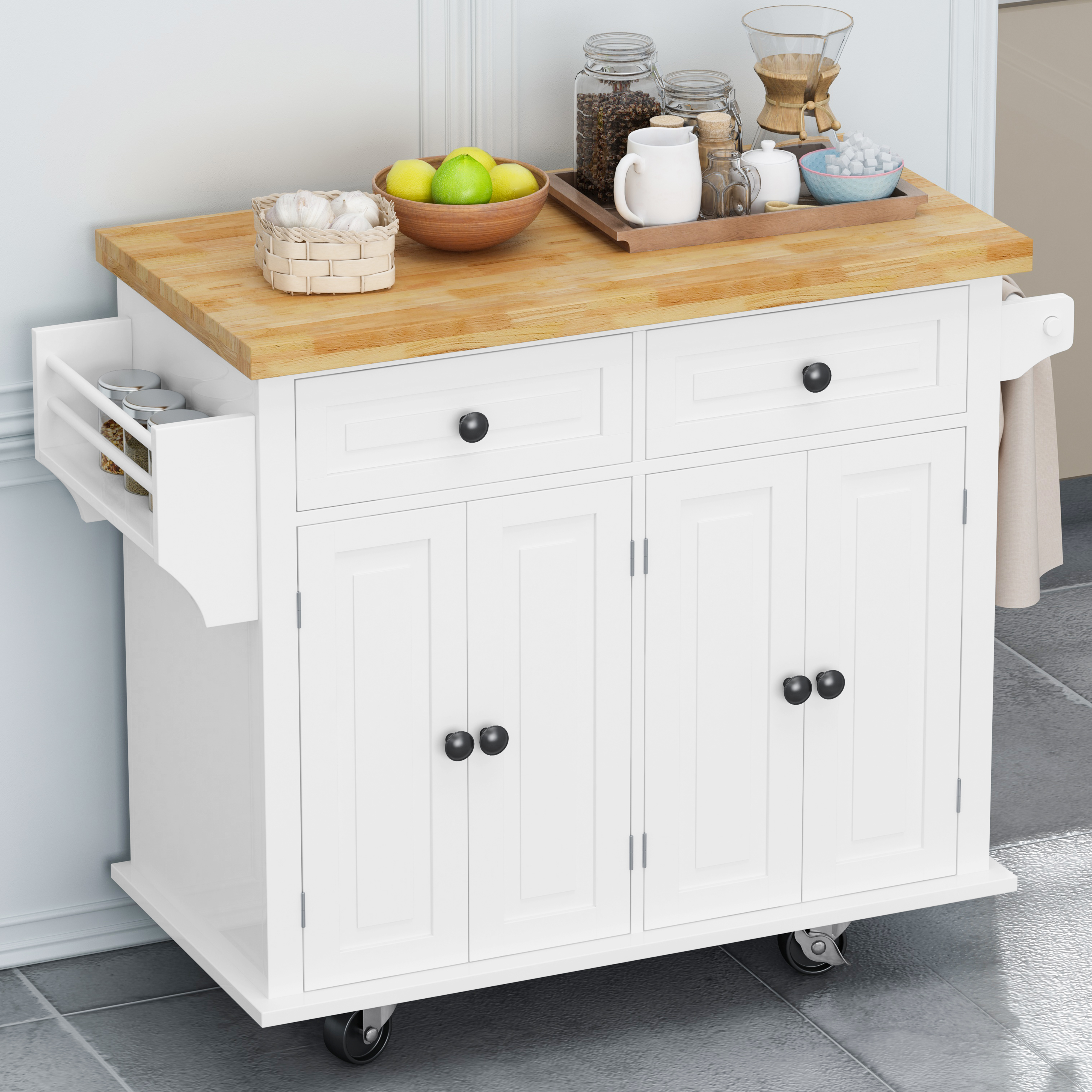 Kitchen Island Cart with Two Storage Cabinets and Two Locking Wheels 43.31 Inch Width 4 Door Cabinet and Two Drawers Spice Rack