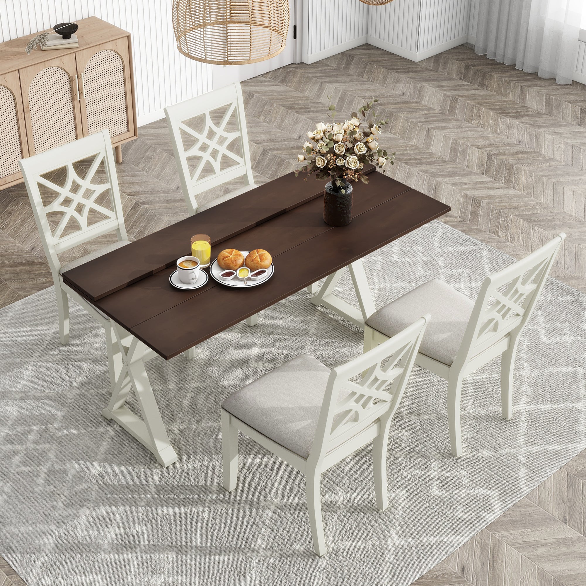 TOPMAX 5-piece set of 62 * 35.2-inch retractable dining table with X-shaped legs, two 8.8-inch flip beige dining chairs