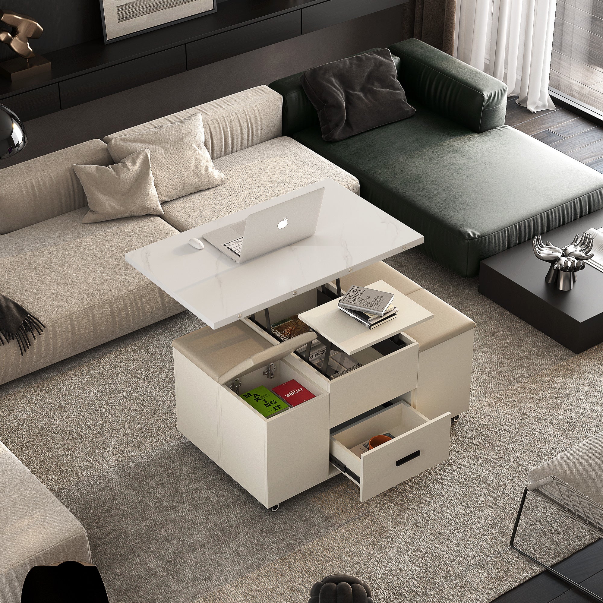 Modern lift coffee table, living room with 4 chairs, expandable 1 hidden storage space+2 drawers, folding dining table