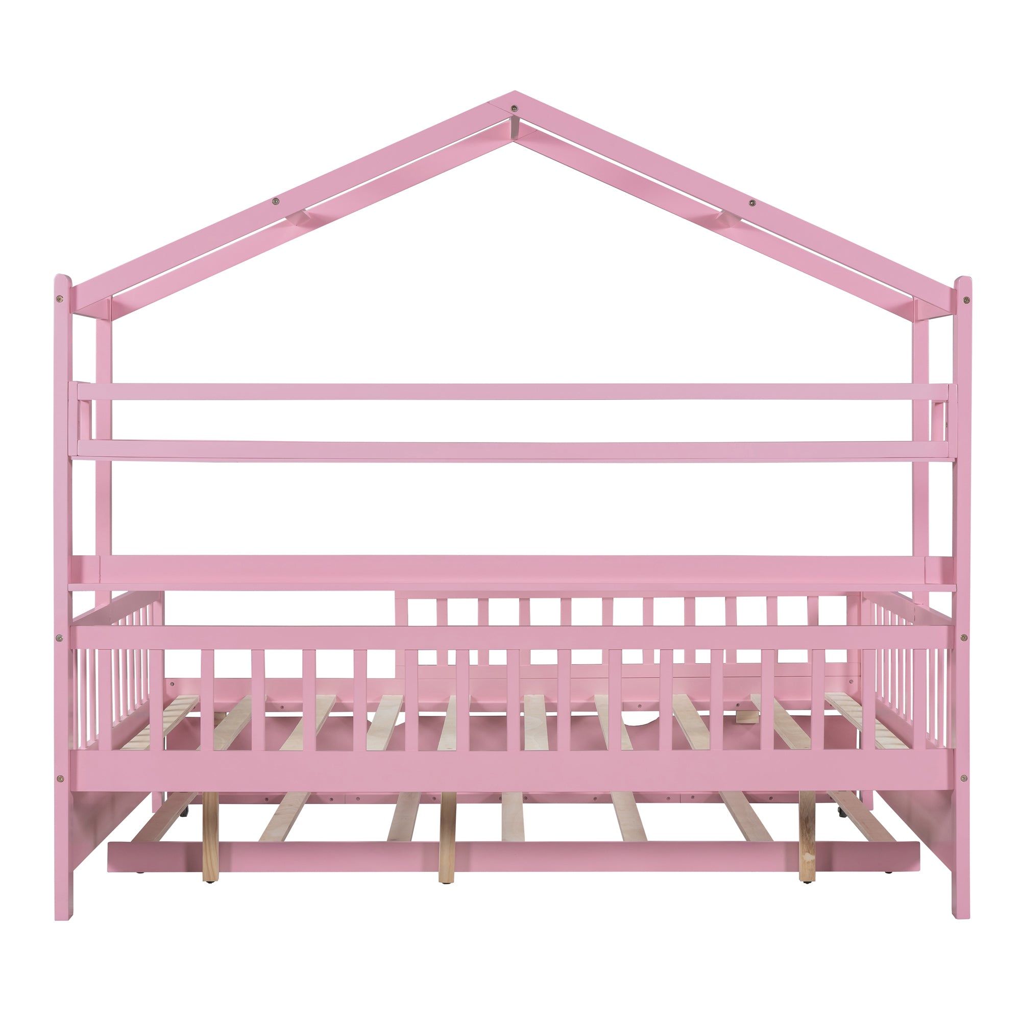 Wooden Full Size House Bed with Twin Size Trundle Kids Bed with Shelf Pink