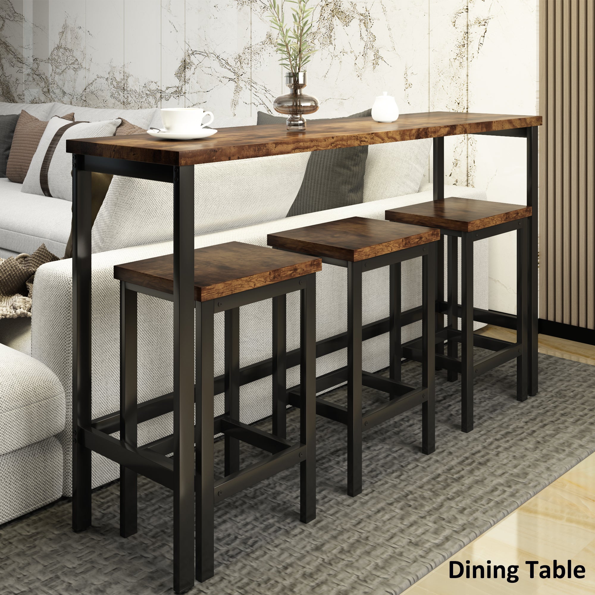 TOPMAX Counter Height Extra Long Dining Table Set with 3 Stools Pub Kitchen Set Side Table with Footrest Brown