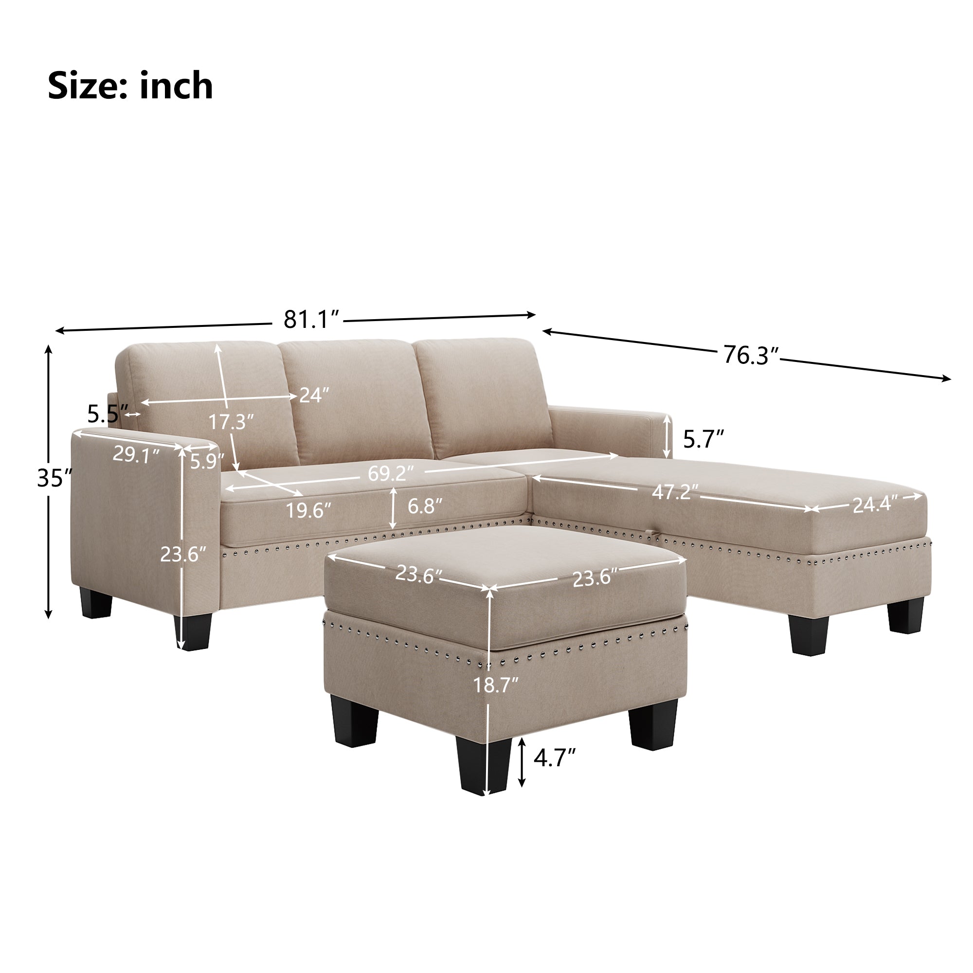 [New] [VIDEO provided] 81.1*76.3*35" Reversible Sectional Couch with Storage Ottoman L-Shaped Sofa Warm Grey