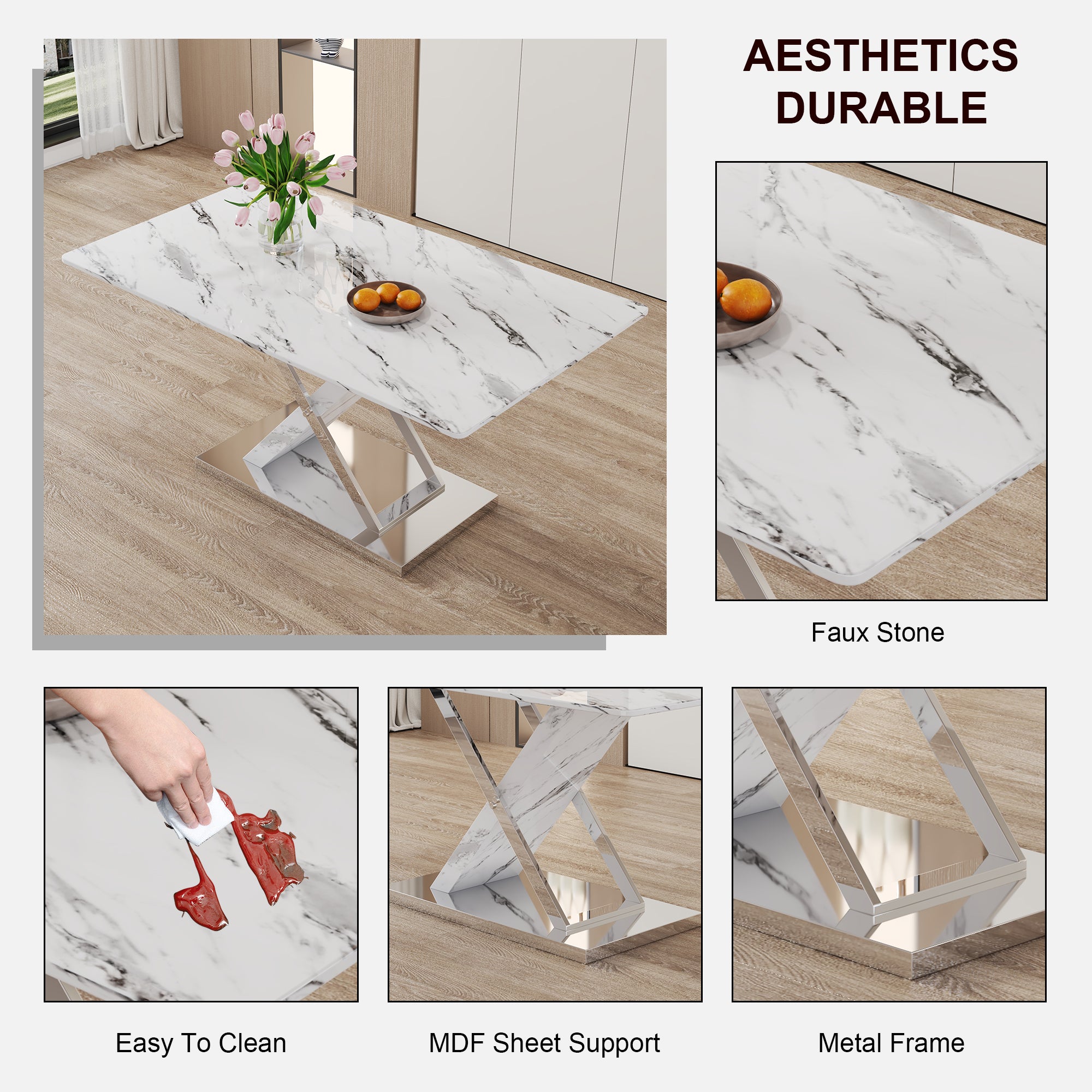 Modern white rectangular marble textured glass dining table and office desk Equipped with stainless steel base