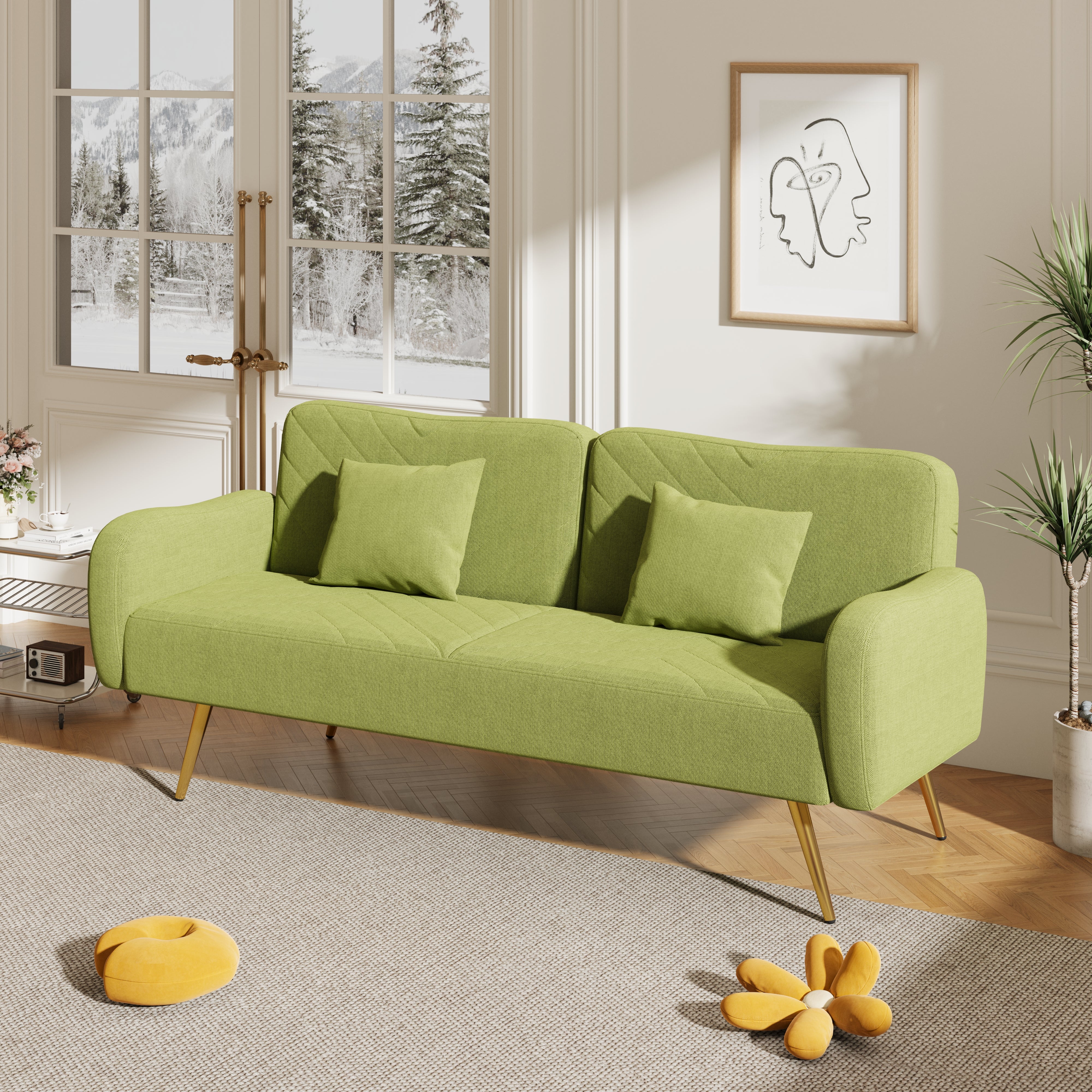 70.47" Green Fabric Double Sofa with Split Backrest and Two Throw Pillows