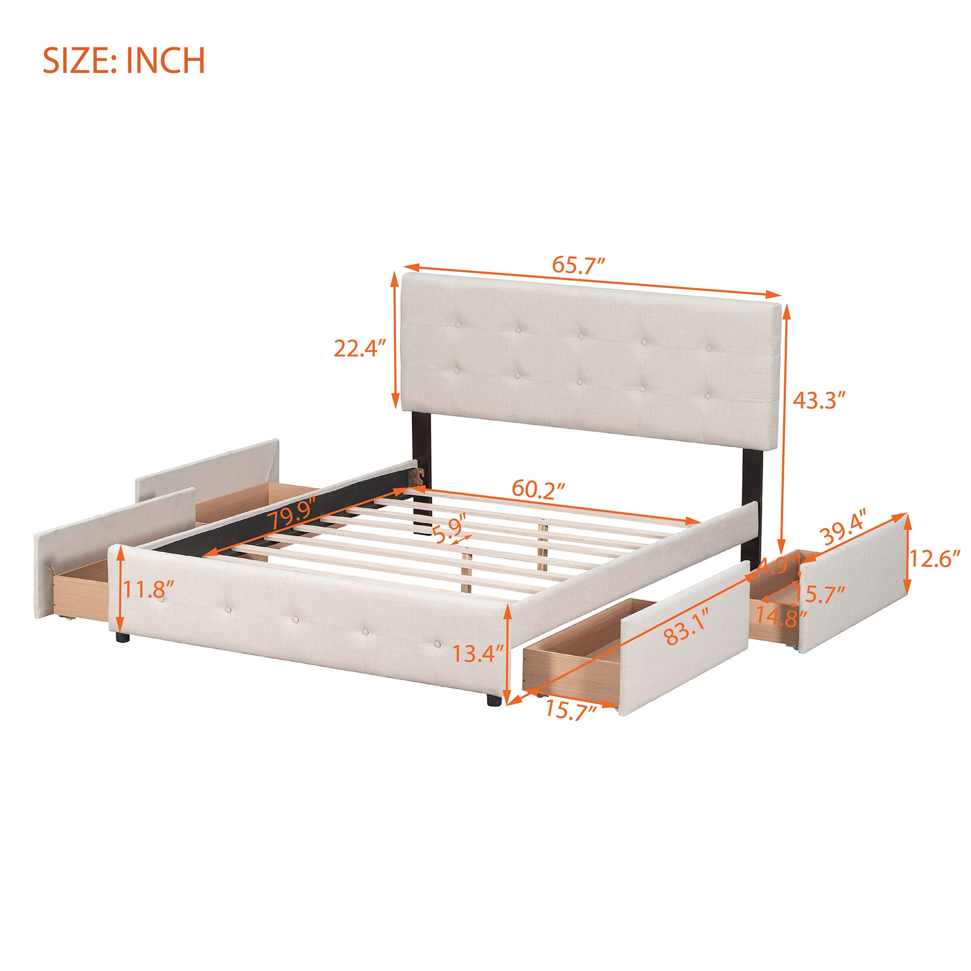 Upholstered Platform Bed with Classic Headboard and 4 Drawers No Box Spring Needed Linen Fabric Queen Size Beige