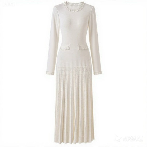 Elegant Long Sleeve Pearl Embellished Pleated Knit Dress for Women