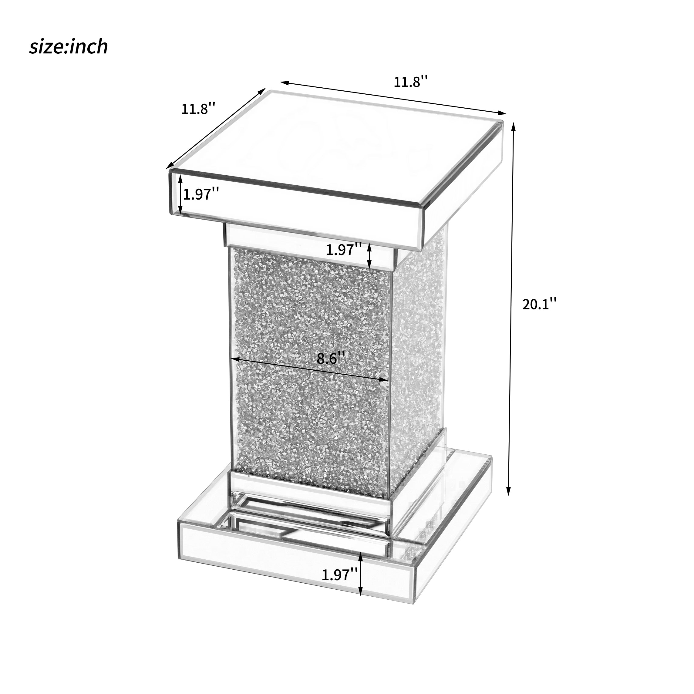 U-Can 11.8-inch silver square mirror coffee table with LED lights, modern diamond edge table, no assembly required