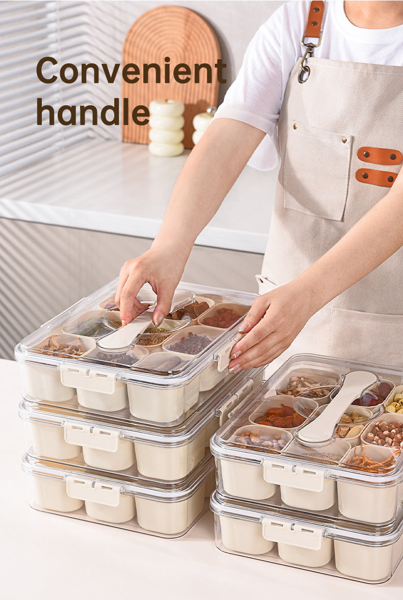 Design Sealed Snackle Storage Box With 9pcs Divider Plastic Divided Veggie Tray With Lid And Handle