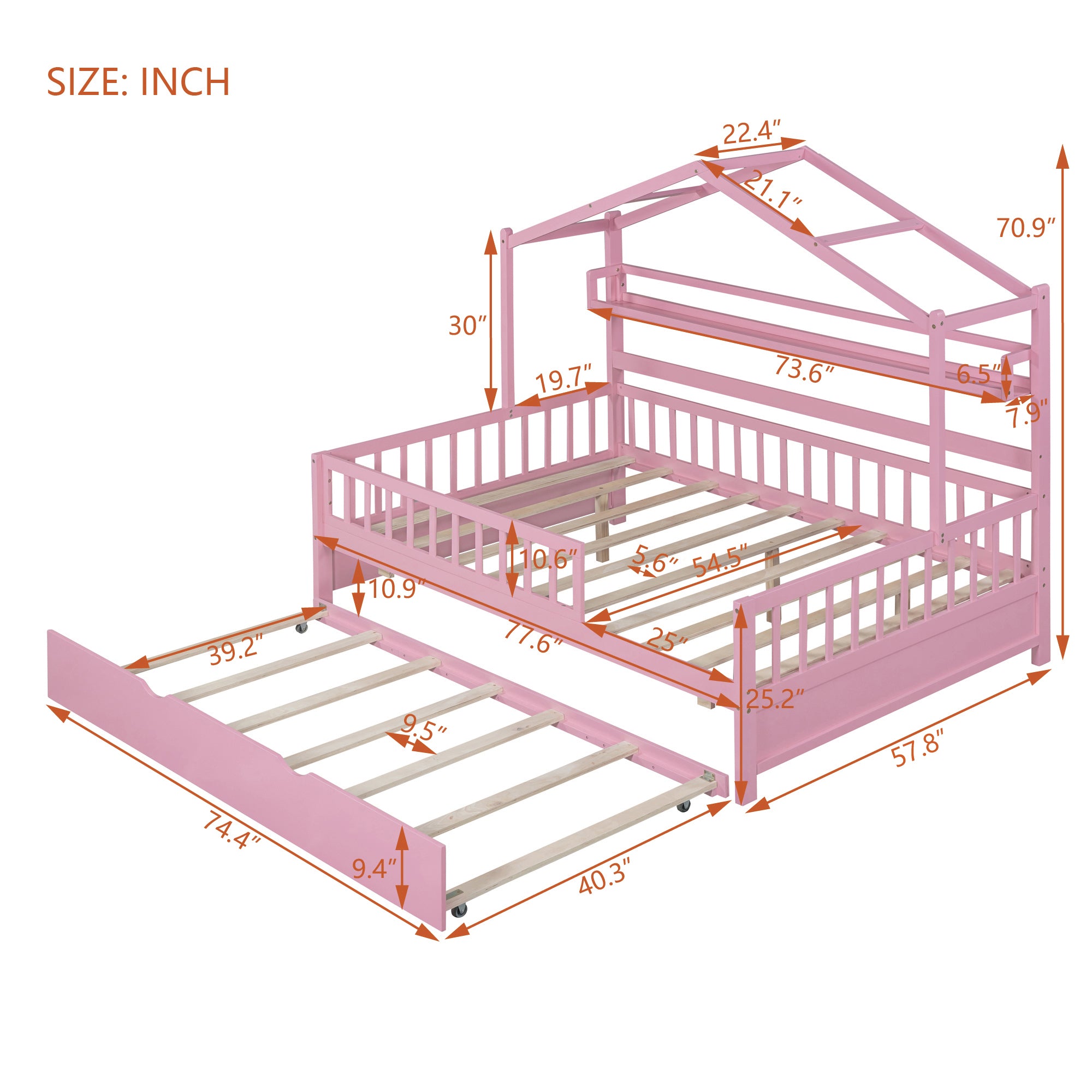 Wooden Full Size House Bed with Twin Size Trundle Kids Bed with Shelf Pink