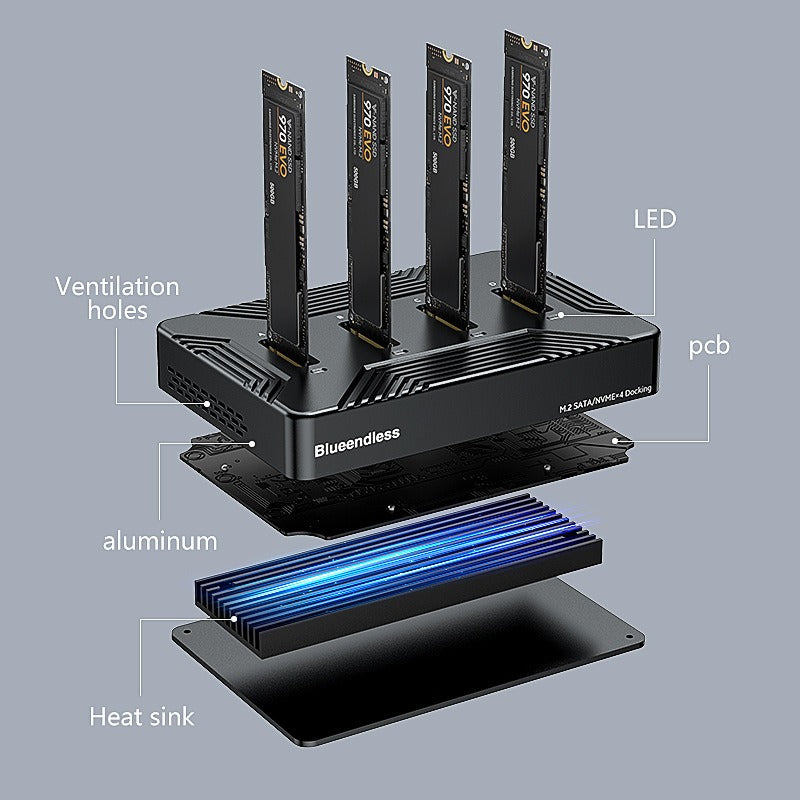 m. Solid state drive base with four bays and dual protocol nvme/data portable hard drive box, USB 3.2 gen2