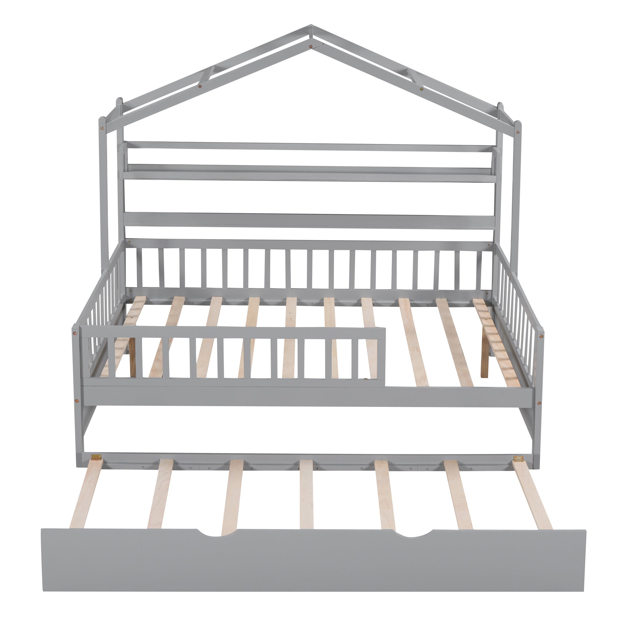 Wooden Full Size House Bed with Twin Size Trundle Kids Bed with Shelf Gray