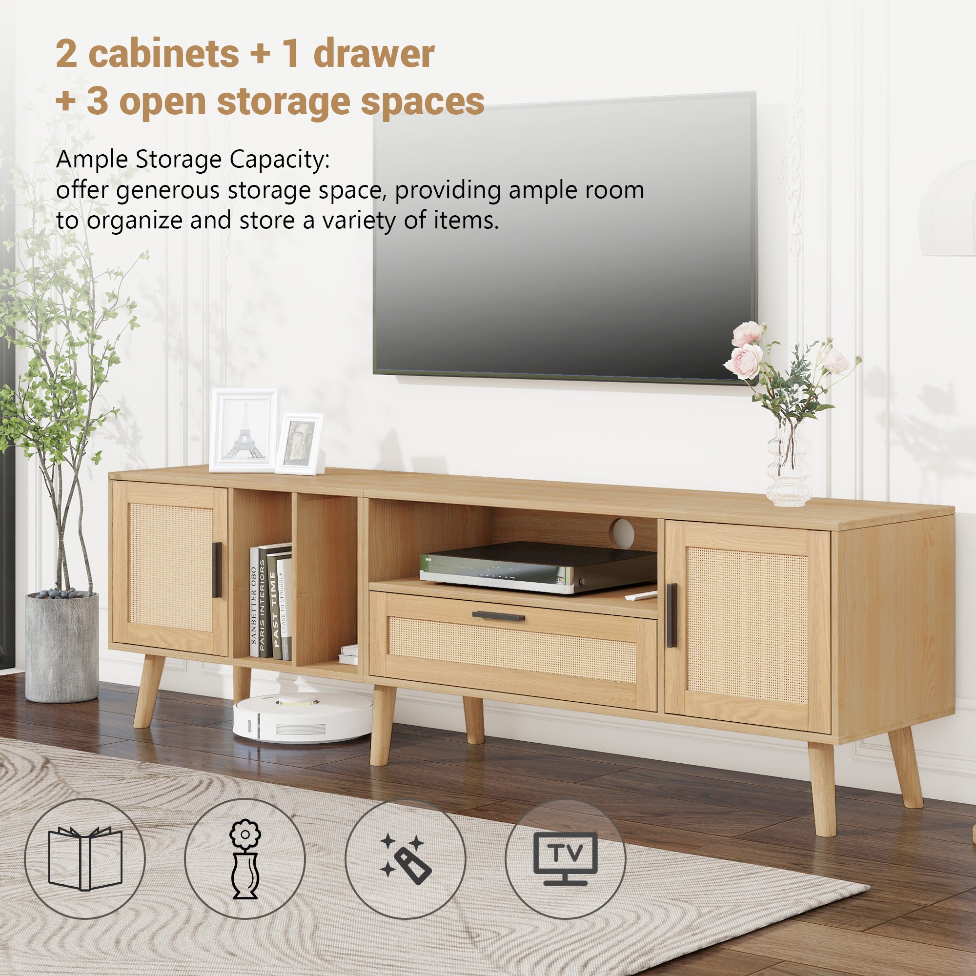 Vine TV stand with 2 cabinets and 2 open shelves, suitable for TVs under 80 inches, with solid wood legs for TV cabinets