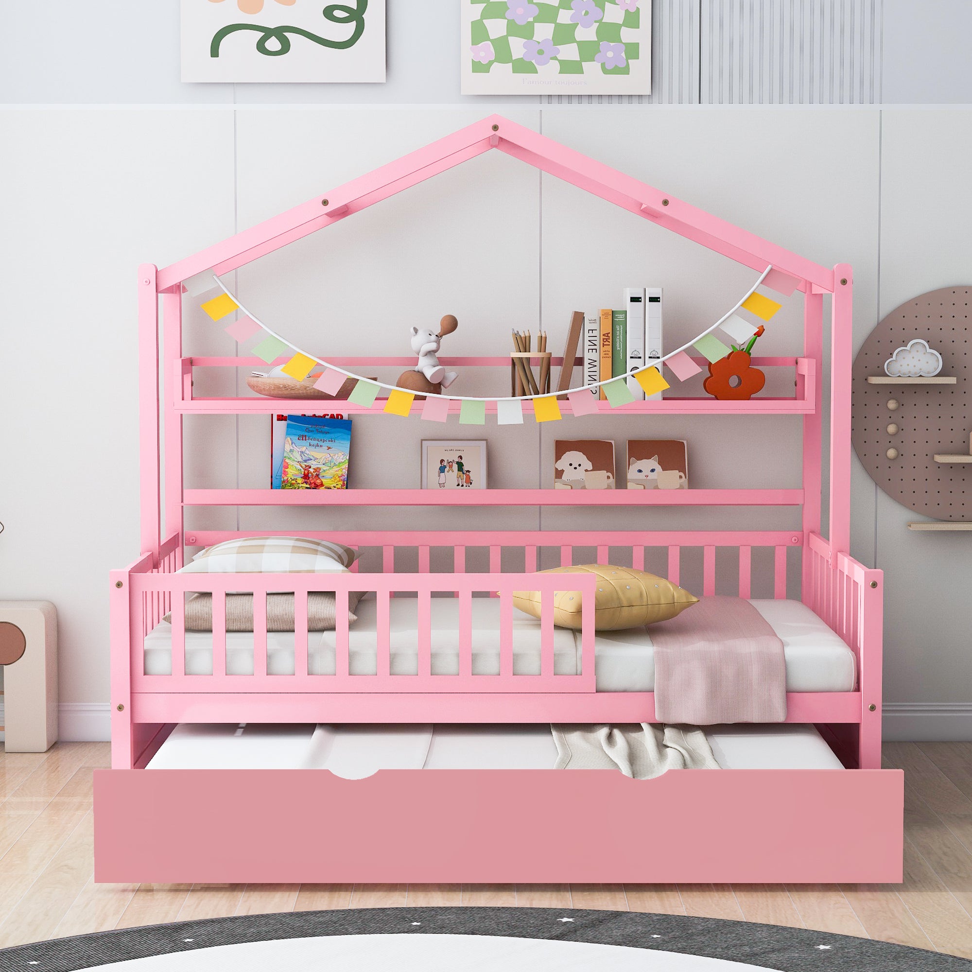 Wooden Twin Size House Bed with Trundle Kids Bed with Shelf Pink