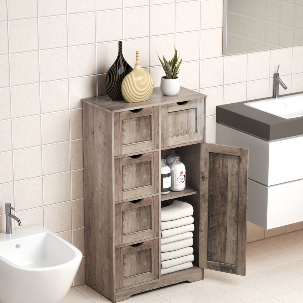 Bathroom Storage Cabinet with Storage 5 Drawers and 1 Door, Entryway Cabinet with Adjustable Shelf Grey