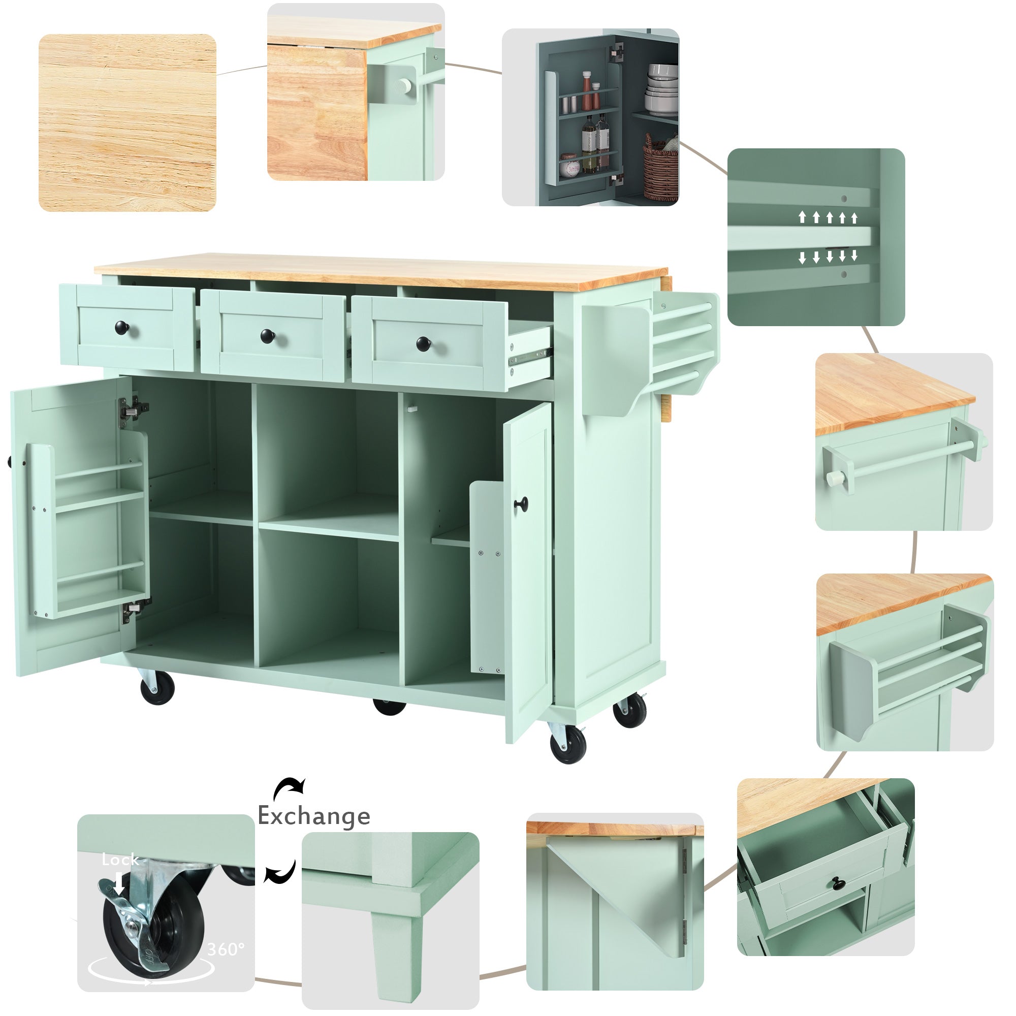 Kitchen trolley, cabinet door internal storage rack with storage cabinet and 3 dining room drawers, mint green