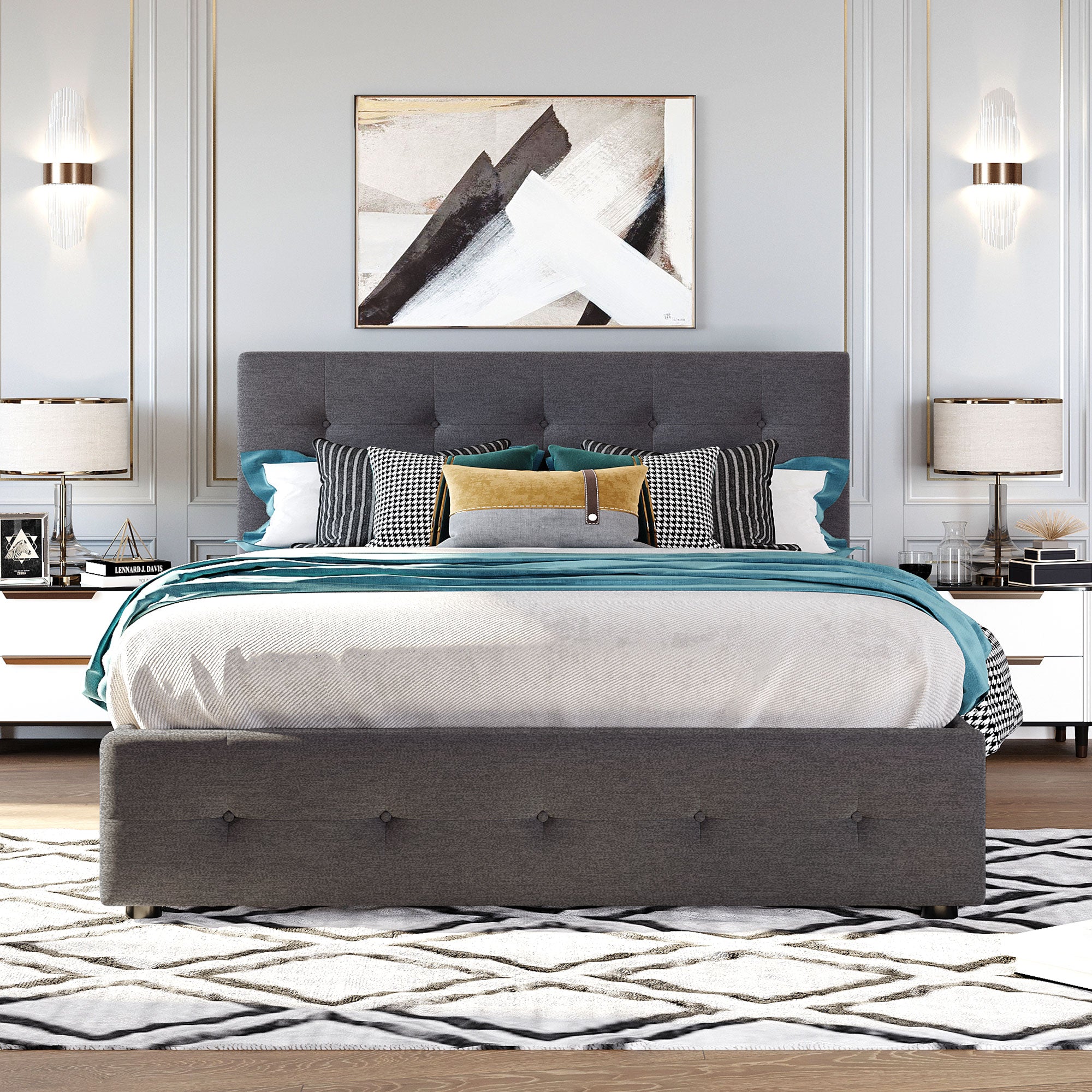 Upholstered Platform Bed with 2 Drawers and 1 Twin XL Trundle Linen Fabric Queen Size - Dark Gray