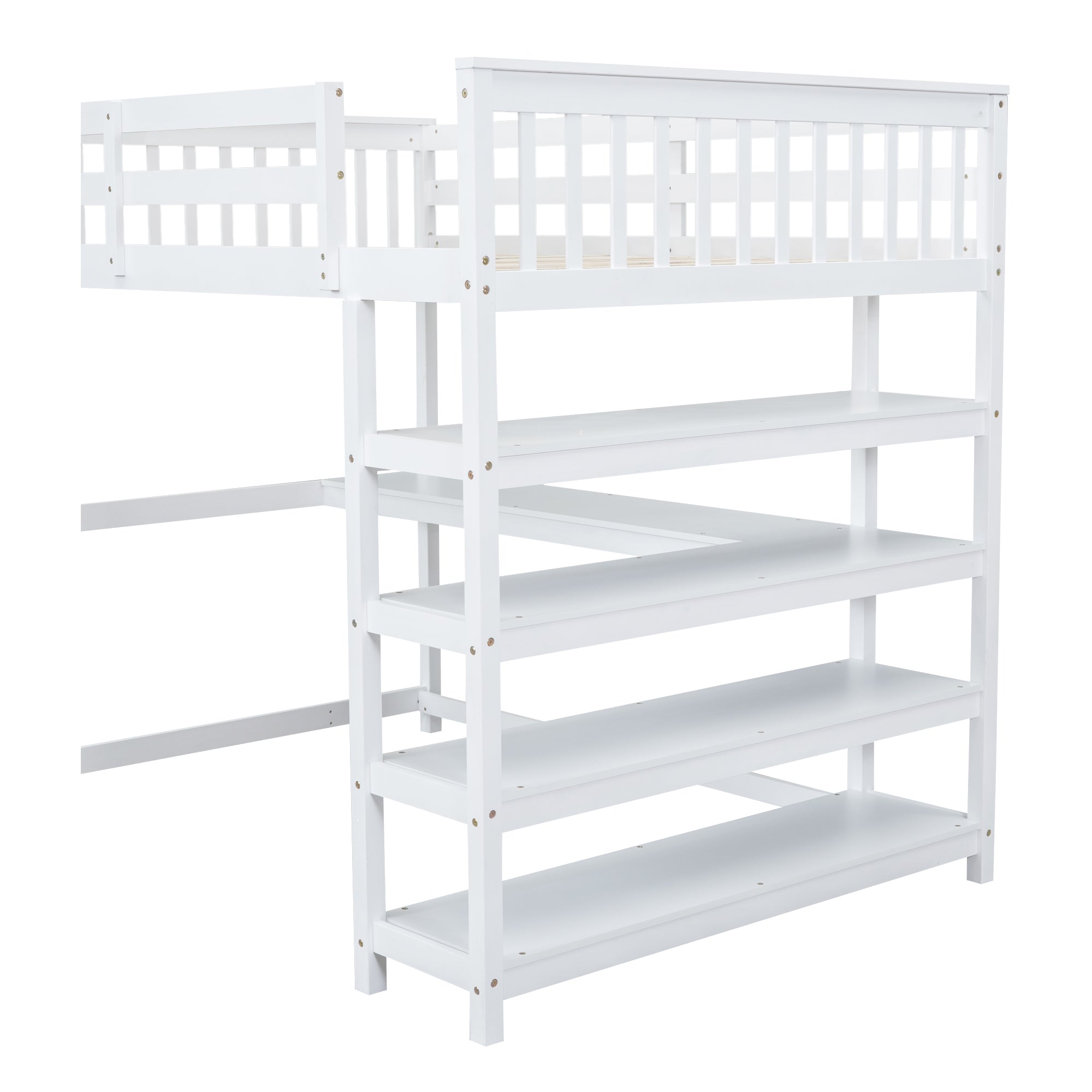 Full Size Loft Bed with Storage Shelves and Under-bed Desk  White