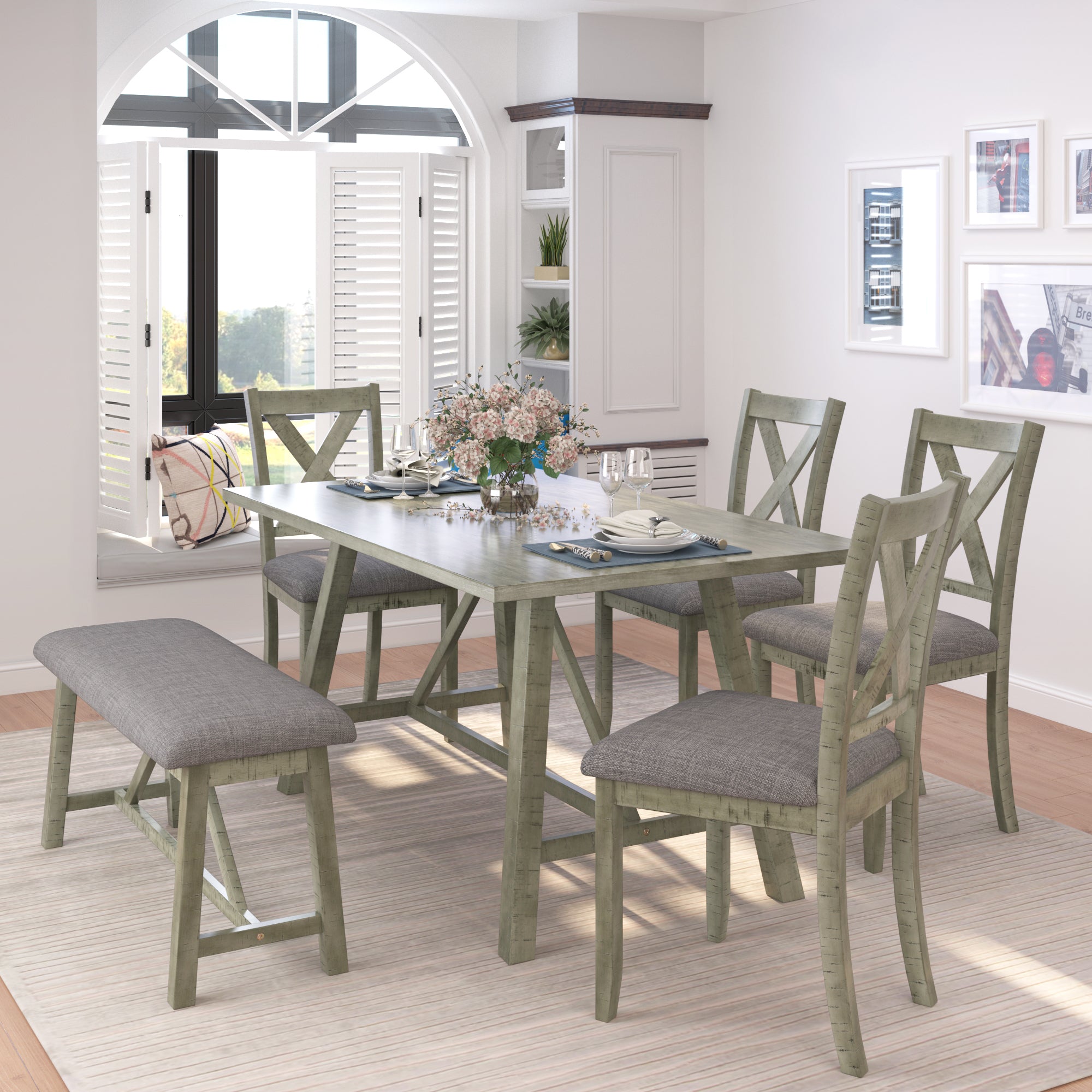 TOPMAX 6 Piece Dining Table Set Wood Dining Table and chair Kitchen Table Set with Table, Bench and 4 Chairs  Rustic Style Gray