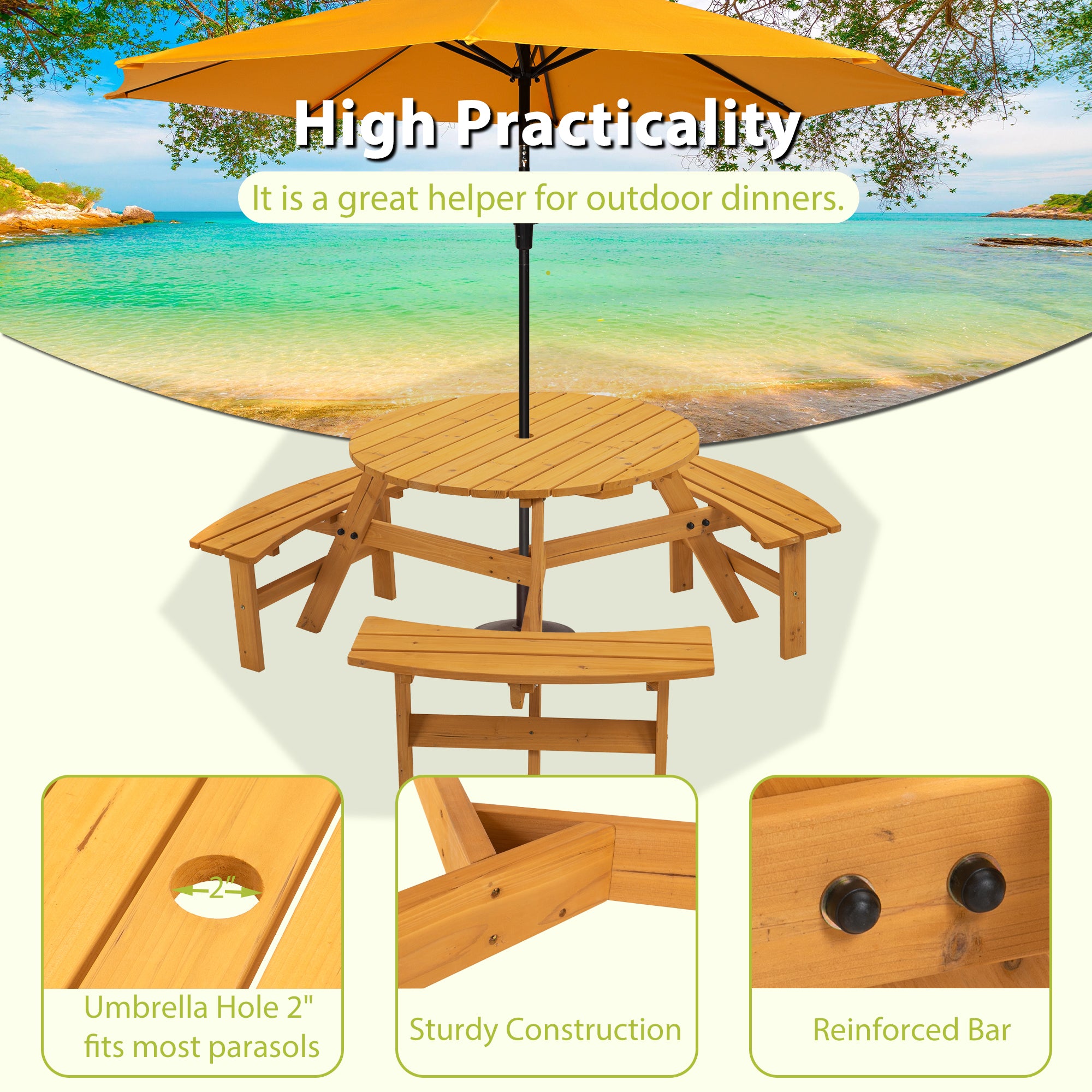 6-Person Circular Outdoor Wooden Picnic Table for Patio, Backyard, Garden, DIY w/ 3 Built-in Benches, 1720lb Capacity - Natural